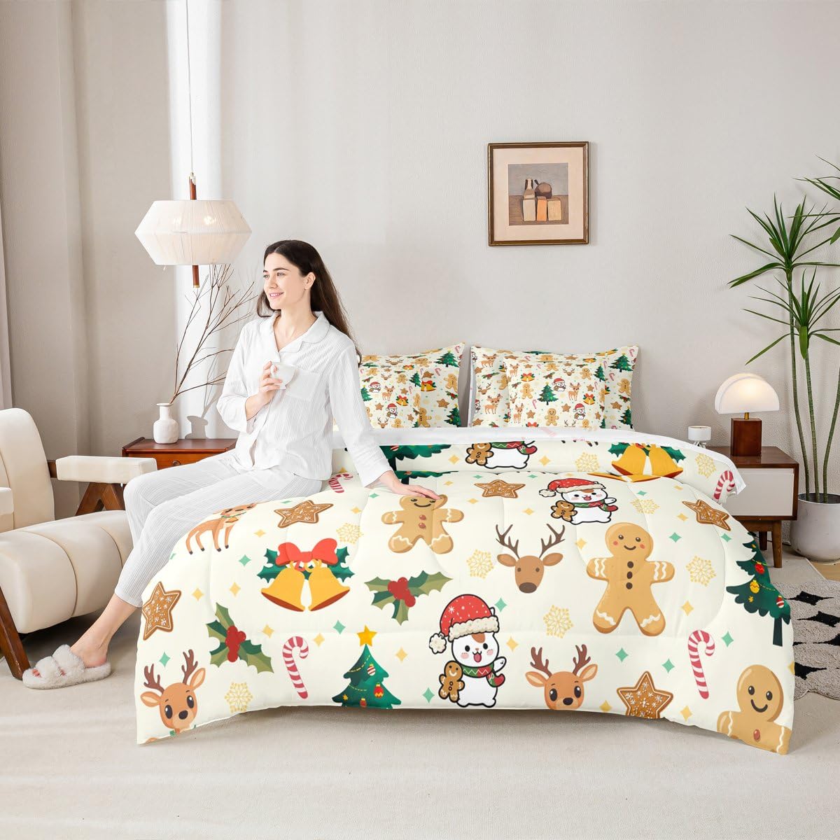 Feelyou Merry Christmas Comforter Set with Sheets 7 Piece Twin Size Gingerbread Man Bed in a Bag Kids Boys Girls Cute Deer Bedding Set Christmas Tree Soft
