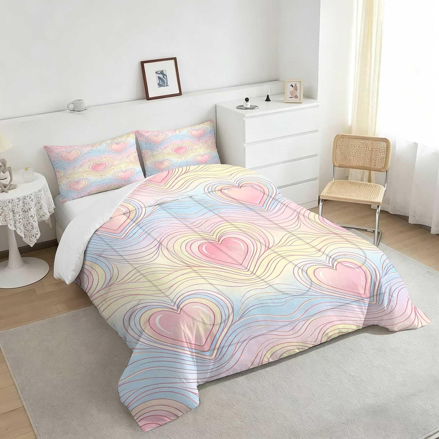 DJNEAR Pastel Heart Comforter Set, Soft Microfiber Cute Pink Heart Bedding Set for Girls Teens Women, 2 Pieces All Season Ombre Love Wave with 1 Comforter 1 Pillowcase, Twin Size