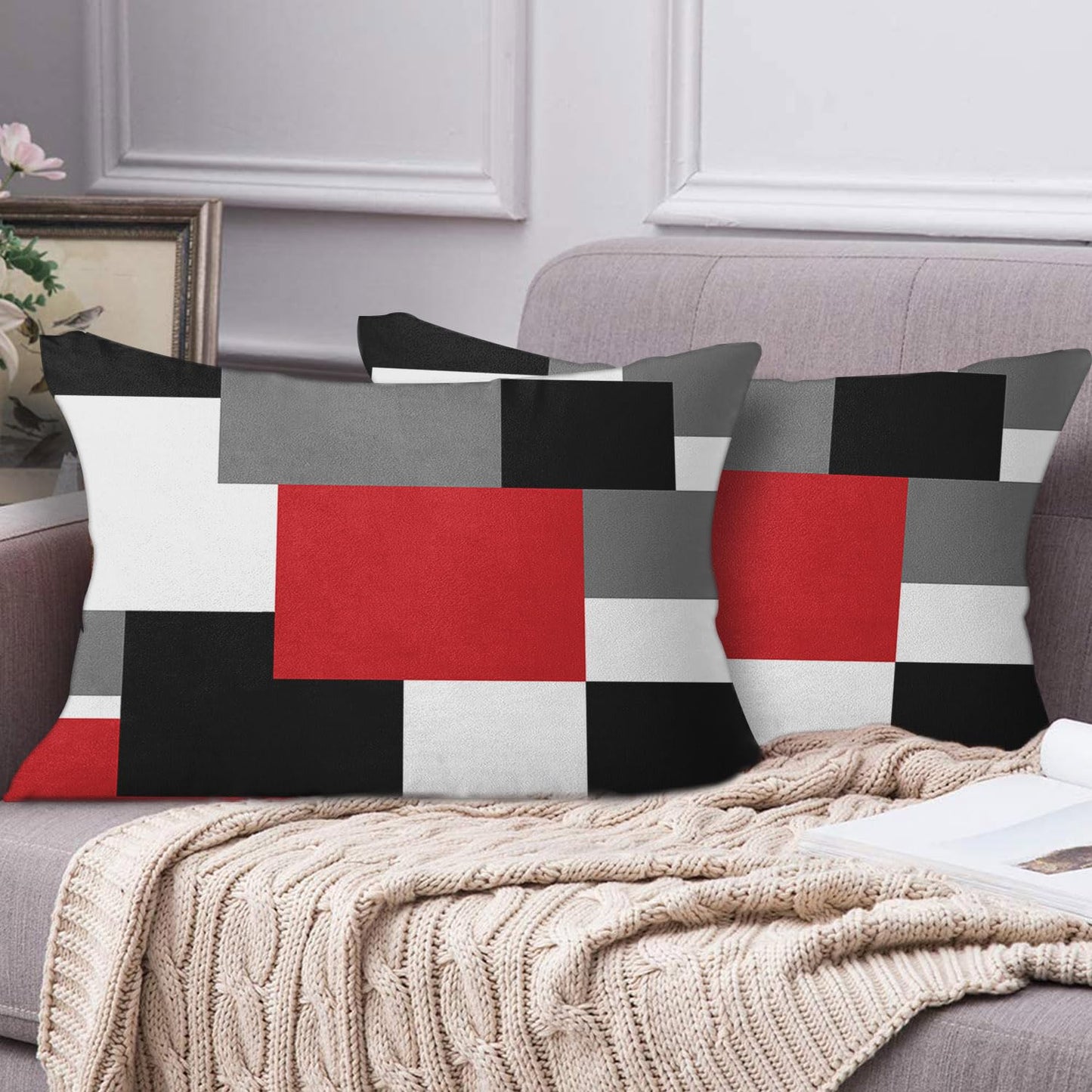 Emvency Set of 2 Red Black and Grey Throw Pillow Covers Geometric Modern Abstract Painting Decorative Pillow Cases Home Decor Standard Rectangle 12x20 Inches Pillowcases