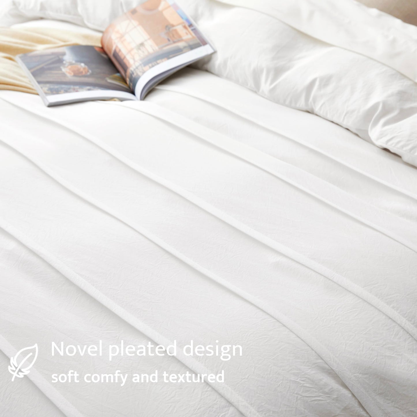 Oli Anderson White Duvet Cover Queen Size - Pleated Queen Duvet Cover, 3PCS Soft and Breathable Textured Bedding Set with Zipper Closure(White,90"x90")