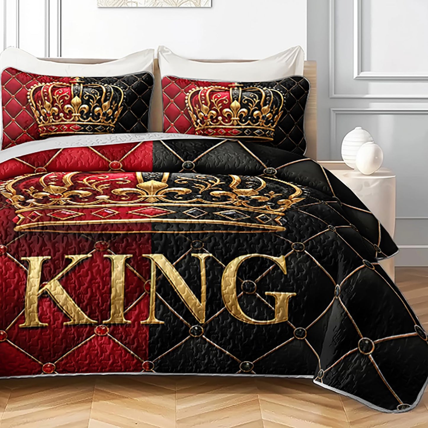 AILONEN Red Black King Quilt Set - Queen Size Golden Crown Couple Bedspread Coverlet with 2 Pillowcases - Luxury Room Decor for Adults & Bedroom
