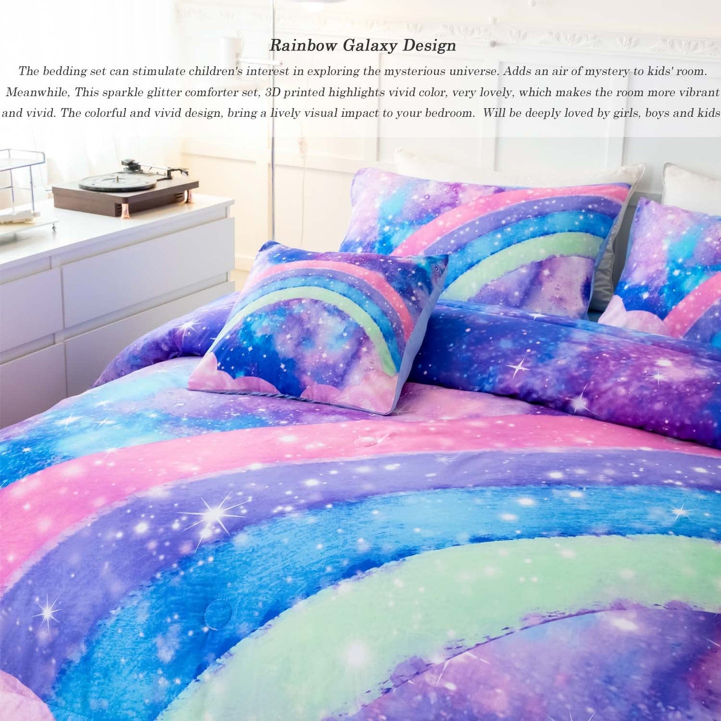 ANGIYUIN Rainbow Full Size Bedding Comforter Set for Girls Gradient Glitter Comforter Set 3D Tie Dye Blue Bedding Sets 6Pcs Soft Lightweight Girl Bed in A Bag for All Season