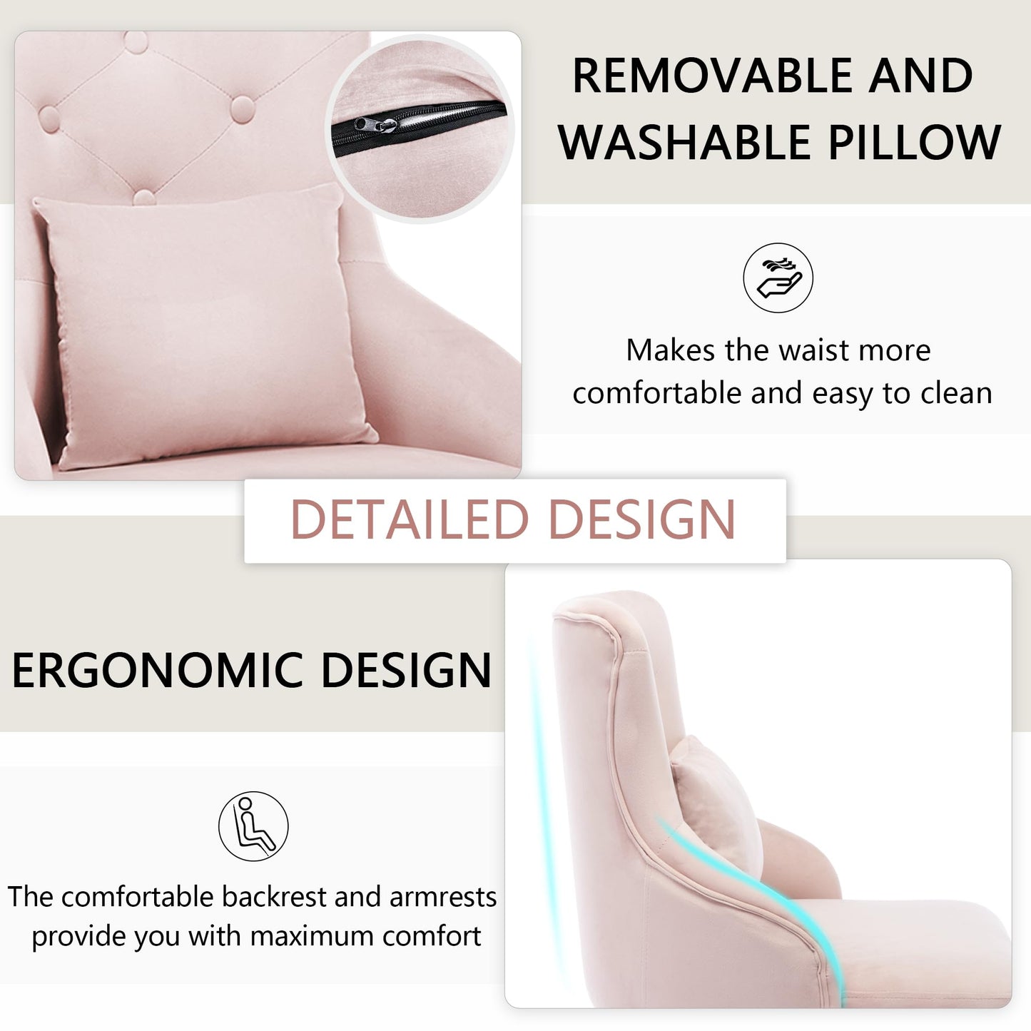 UDAX Velvet Vanity Chairs with Back, Upholstered Makeup Chair No Wheels with Metal Legs & Lumbar Pillow for Living Room/Makeup Room/Bedroom/Home Office/Kitchen
