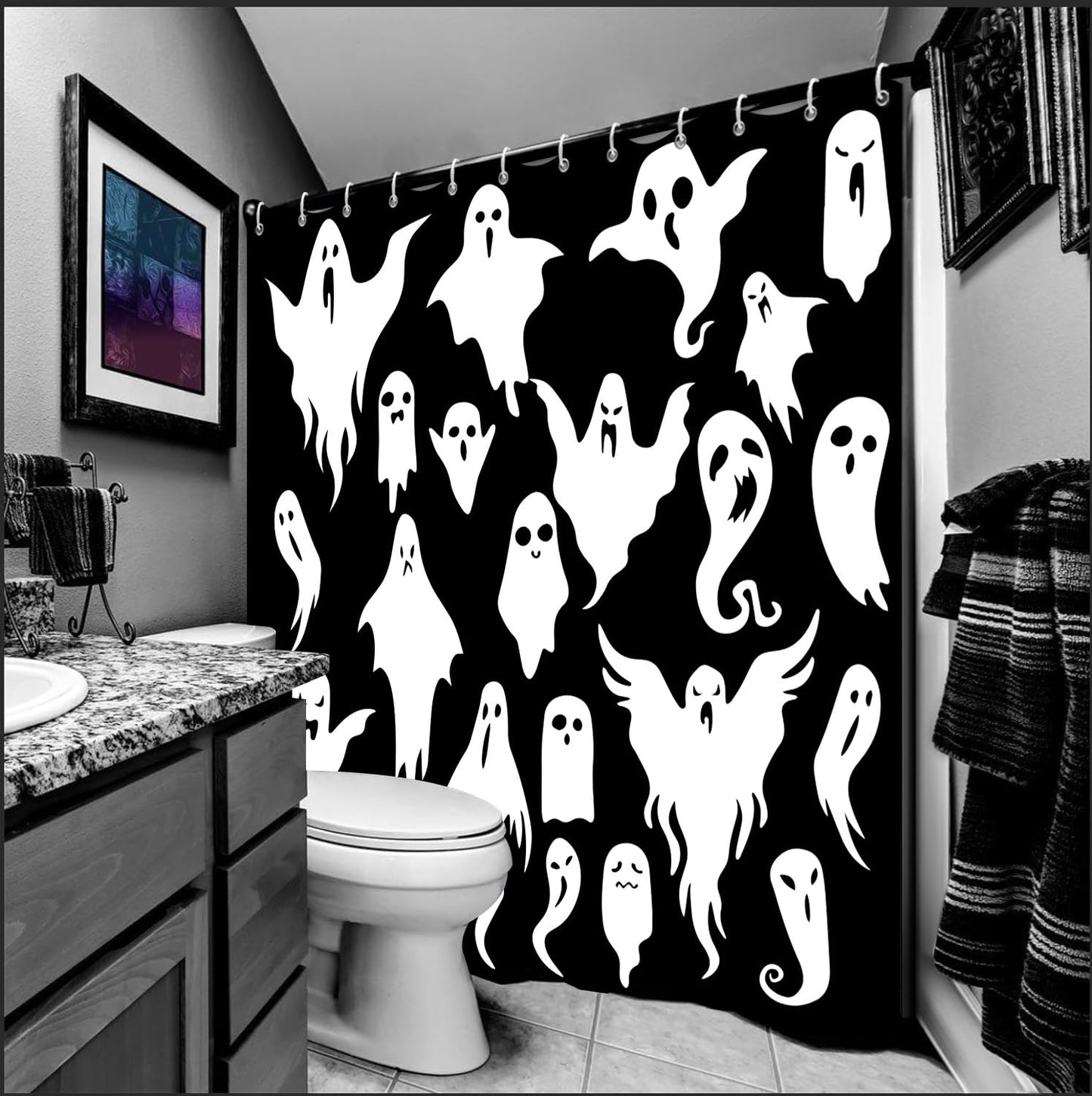 Caheansi Halloween Shower Curtain, Black and White Spooky Ghosts Icons Funny Cute Halloween Bathroom Curtain Waterproof Fabric Machine Washable with Hooks, 72" Wx72 L