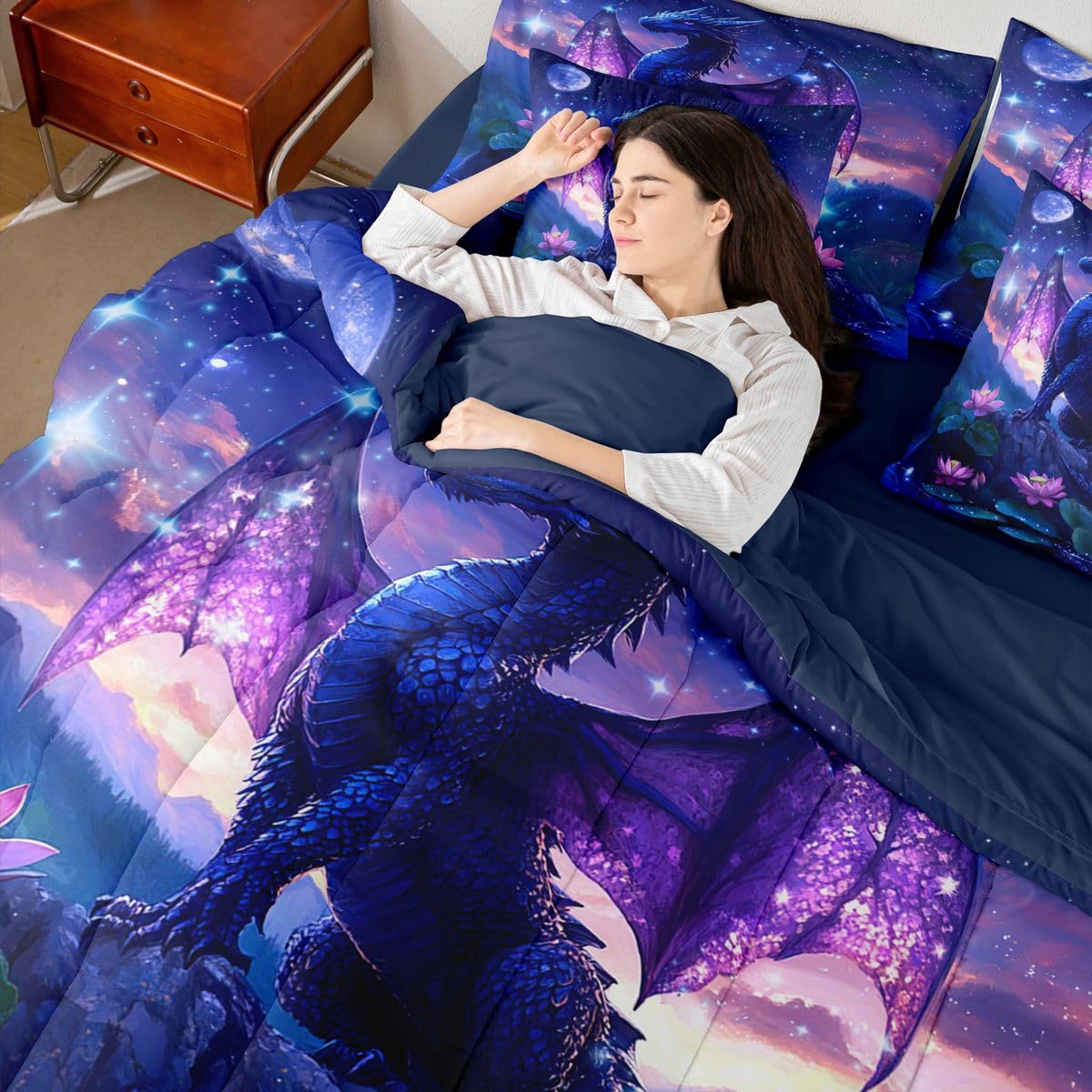 Feelyou Dragon Comforter Set with Sheets 7 Piece Twin Size Dragon Stuff Bed in a Bag Kids Boys Girls Wild Life Bedding Set Magic Wildlife Bedroom Decor Purplish Breathable Soft Lightweight Microfiber