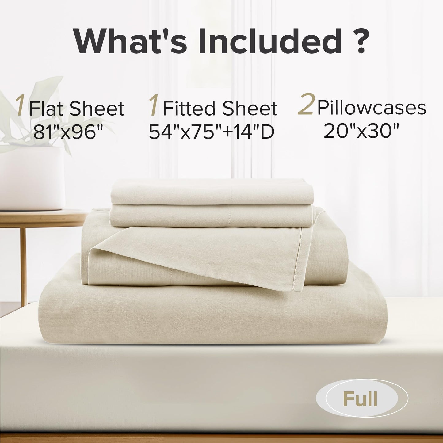 Comfort Spaces 100% Cotton Sheets Full, Breathable & Ultra Soft Cotton Sheets, Naturally Cool Cotton Bed Sheets with 14" Elastic Pocket Fits up to 16" Mattress, All Seasons Sheet Set, Cream 4 Piece