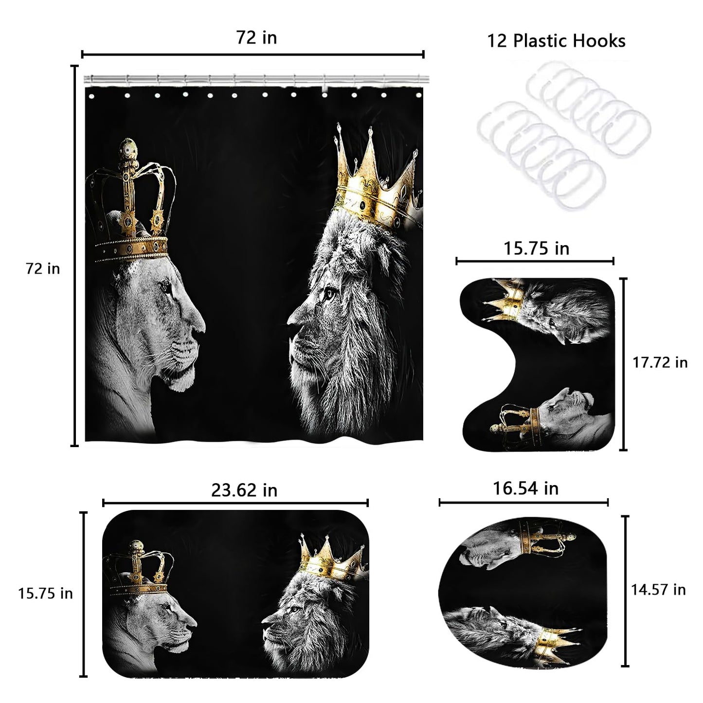 RinRinfam 4Pcs Wild Lion Shower Curtain Set, Crown African Leo Tiger Couple Curtain with Non-Slip Rug,Toilet Lid Cover,U Shape Mat,Waterproof Shower Curtain with 12 Hooks Bathroom Decor Sets,Black