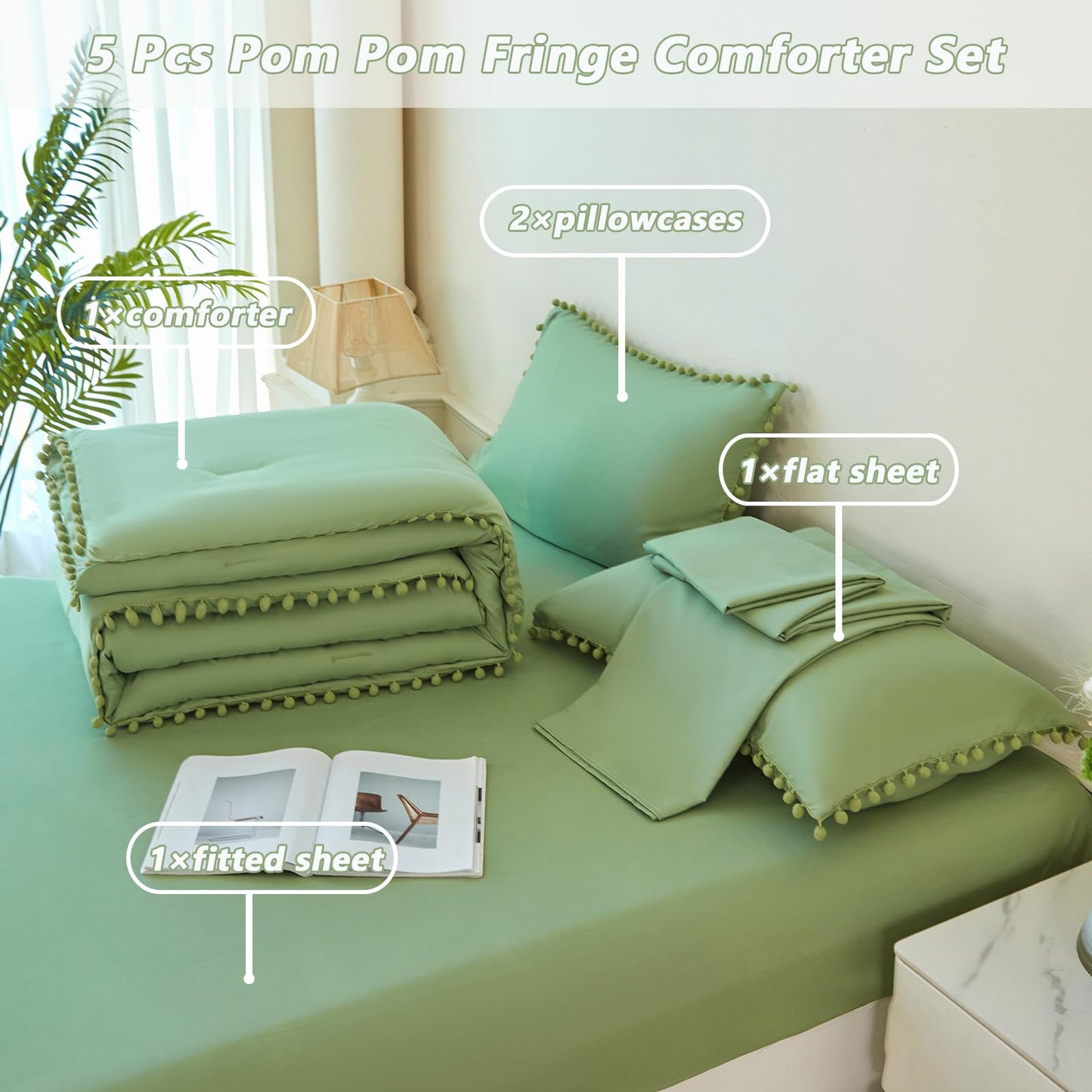 PERFEMET Green Bed in A Bag Twin Size 5 Pieces All Season Pom Pom Fringe Bedding Set for Girls Kids Soft Lightweight Boho Solid Comforter Set for Bedroom(Green, Twin)