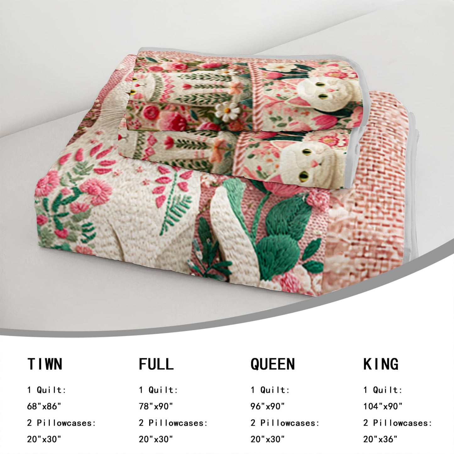 AILONEN Floral Cat Quilted Bedding Set King Size - Pink Cat Bedspread Coverlet,3-Piece Printed Bedding for Kids Girls Room Decor,Soft Microfiber Quilt,2 Pillowcases