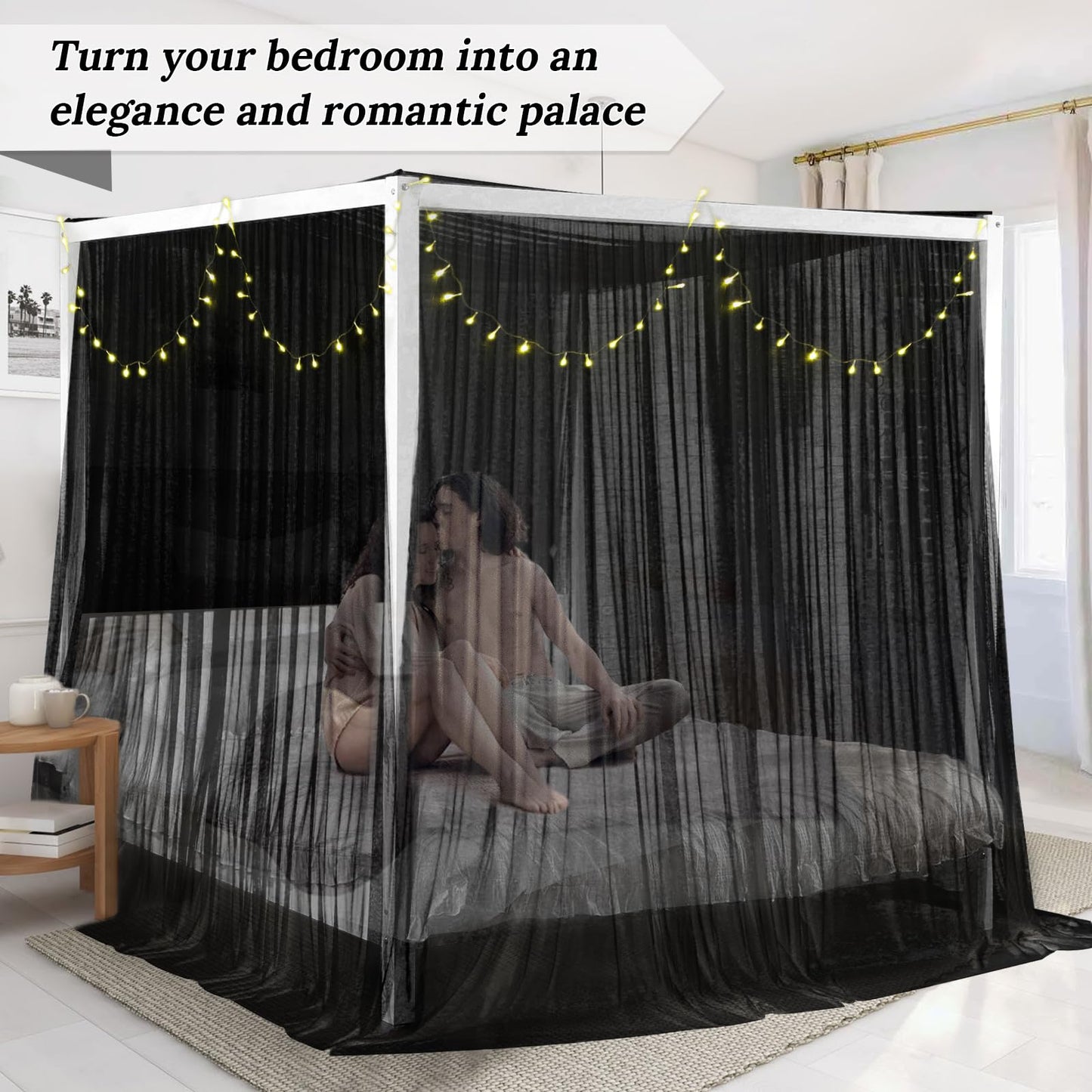 South to East Black Canopy Bed Curtains, 4 Corner Post Bed Canopy for Girls & Adults, Top Luxurious Bed Drapes for Bedroom Decoration, 4 Openings, 100% Ripstop Polyester, Easy Install, King/Queen Size