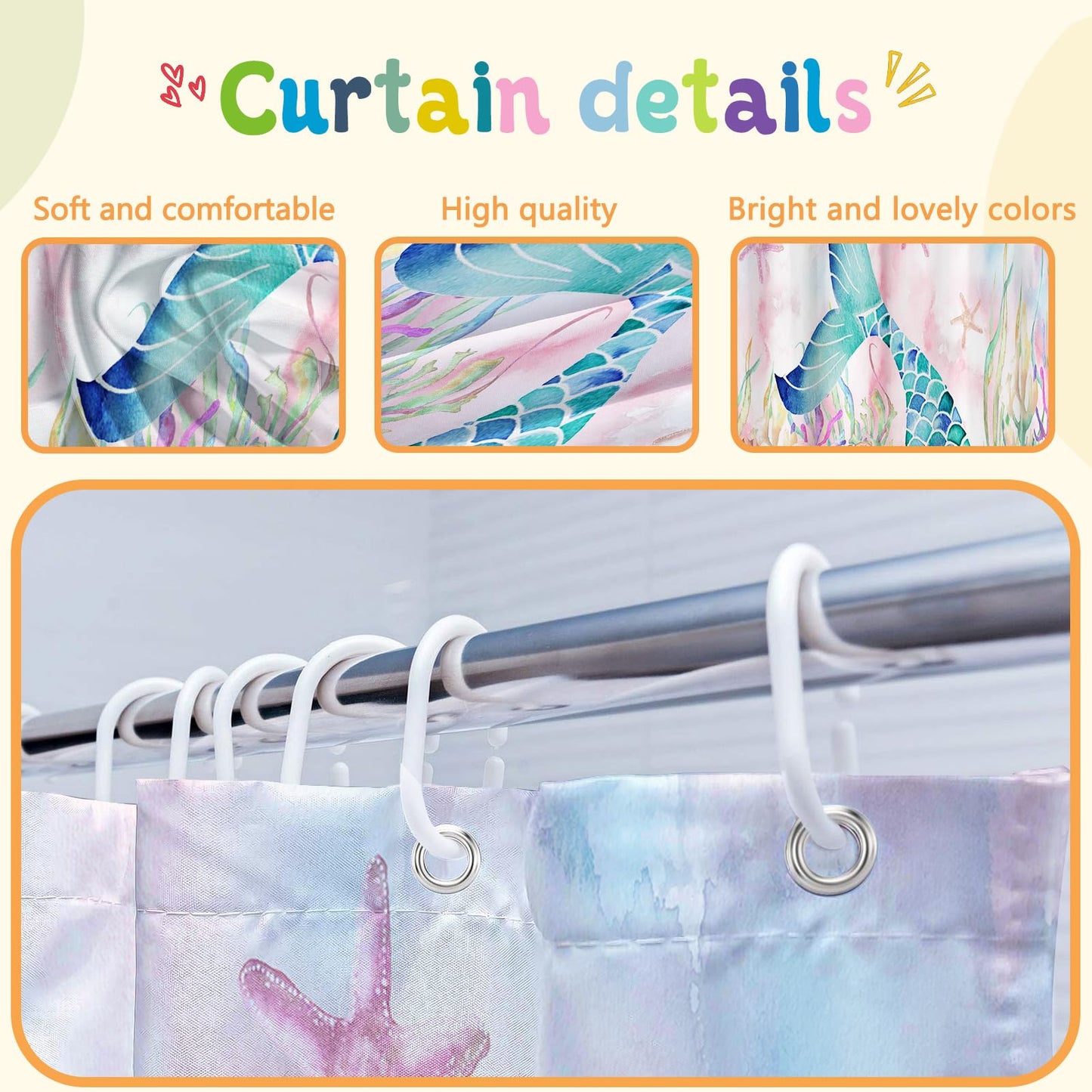 KINUUIS 4 Pcs Mermaid Bathroom Set Pink Shower Curtain Sets with Non-Slip Rugs Toilet Lid Cover and Bath Mat Set, Kids Girl Bathroom Decor with 12 Hooks
