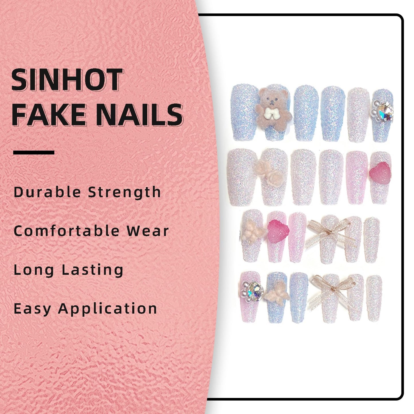 SINHOT Luxury Press on Nails - Long Coffin Fake Nails 3D Handmade Cute&Candy Reusable False Nails with Rhinestone Designs,DIY Artificial Nail Art, 24pcs