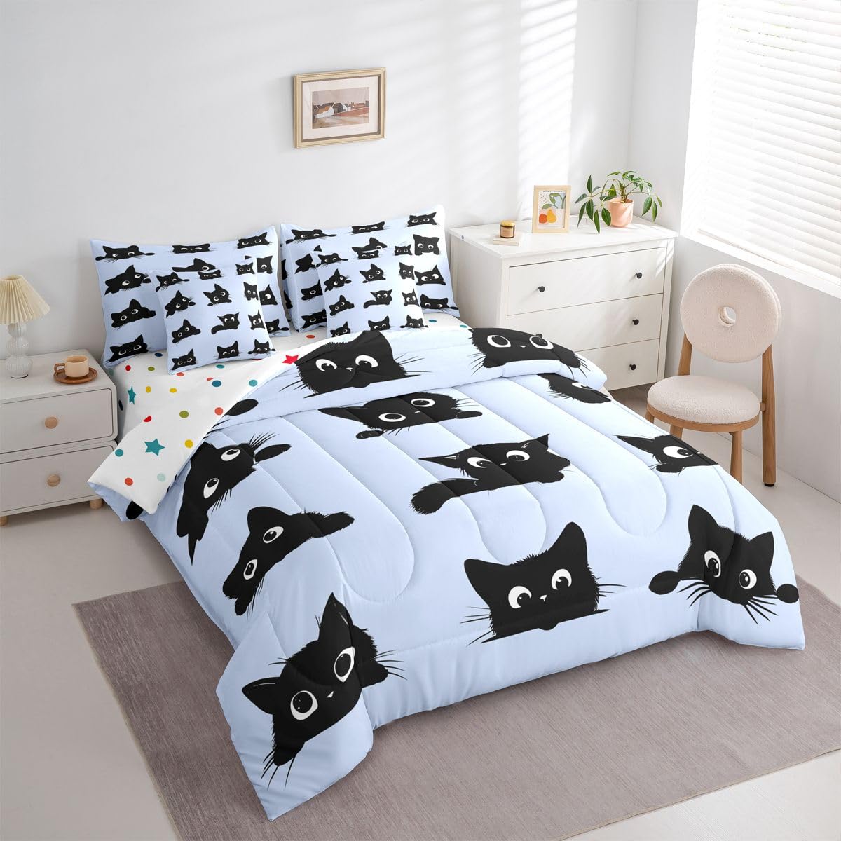 Erosebridal Cute Cat 7-Piece Bedding Set Full Size for Kids Boys Girls (Black and Blue) - Funny Black Cats Bed in a Bag Cartoon Kitten Animal Comforter Set with Sheets Cute Cat Duvet Insert