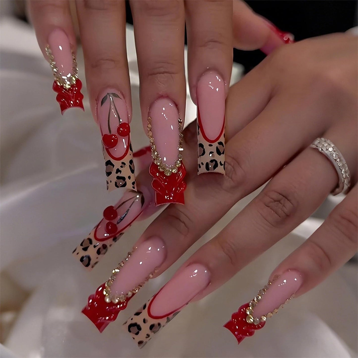 MISUD Press on Nails - Long Square Fake Nails with Red French Tip, Acrylic Cherry Cheetah Design 24 pcs