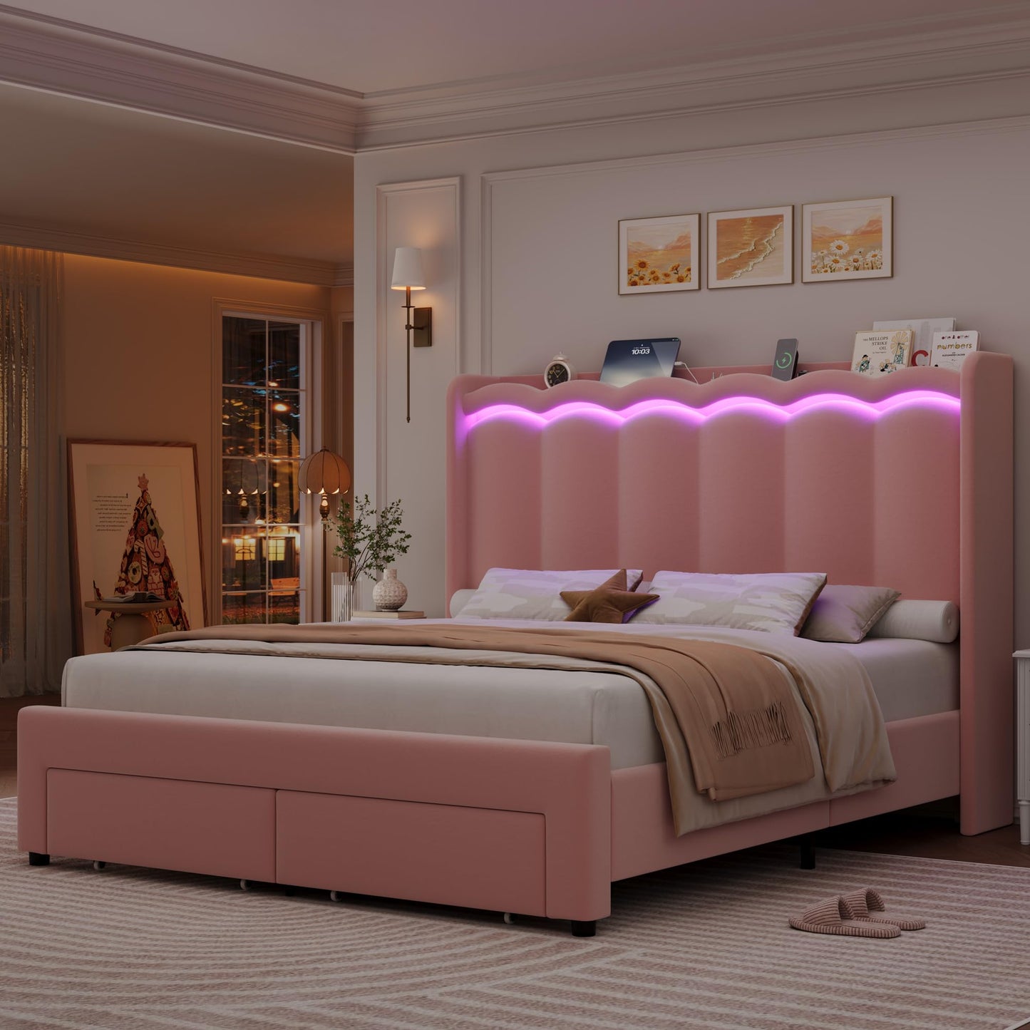 HIFIT Queen Upholstered LED Bed Frame with Charging Station and 2 Storage Drawers, Pink Velvet Princess Bed Frame for Girls, Camas Queen with Double Wavy Wingback Headboard, No Box Spring Needed