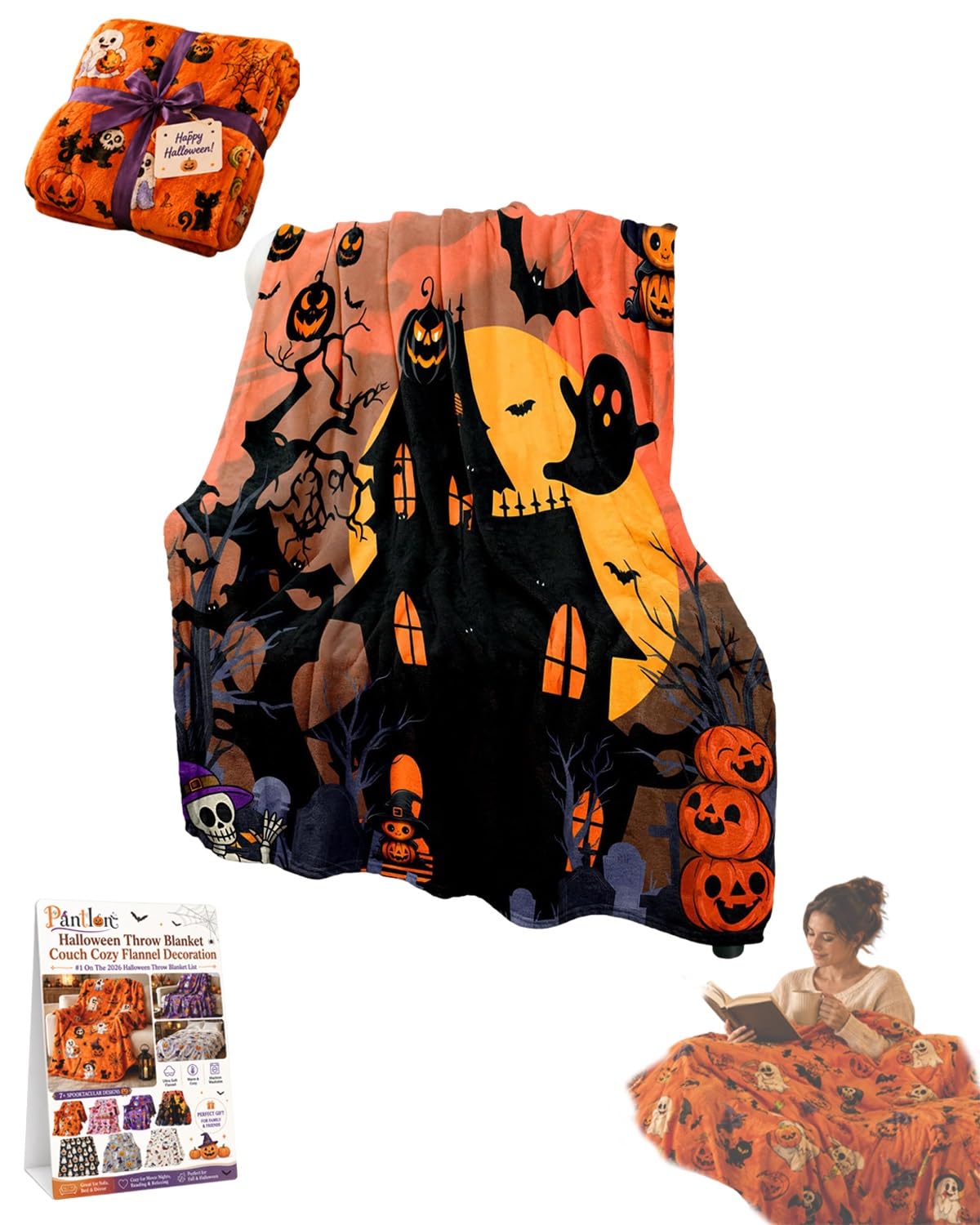 Halloween Throw Blanket Couch Cozy Flannel Decoration for Party Bed Soft Flannel Ghost Blanket Halloween Harvest Gifts Horror Ghost Bat Pumpkin(Model4,60x80in)
