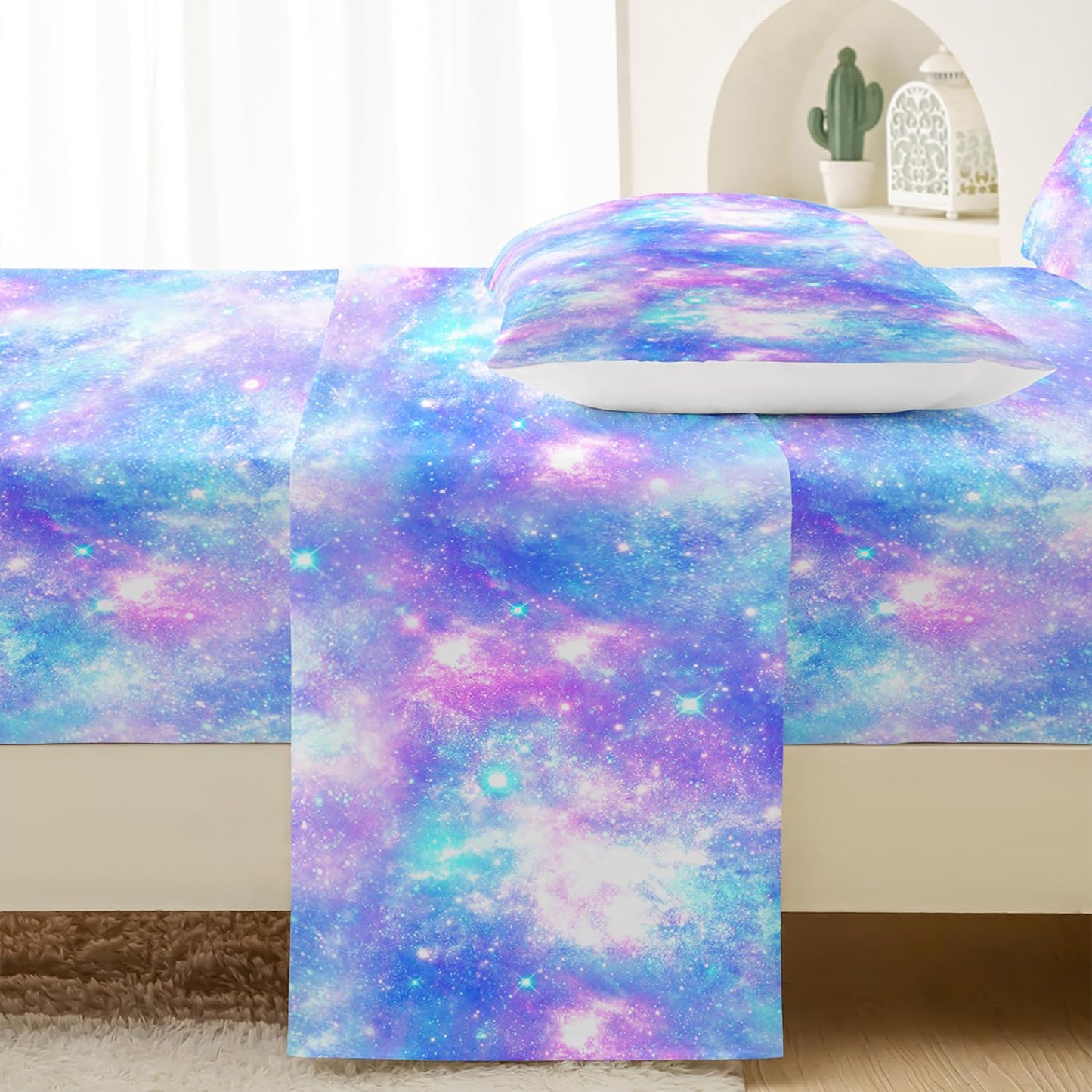 QOOMO Starry Sky Sparkles Bedding for Boys and Girls Tie Dye Print Silky Soft Microfiber Bed Sheets Blue Shining Star Super Soft Queen Size 1 Fitted Sheet, 1 Flat Sheet, 2 Pillow Cases