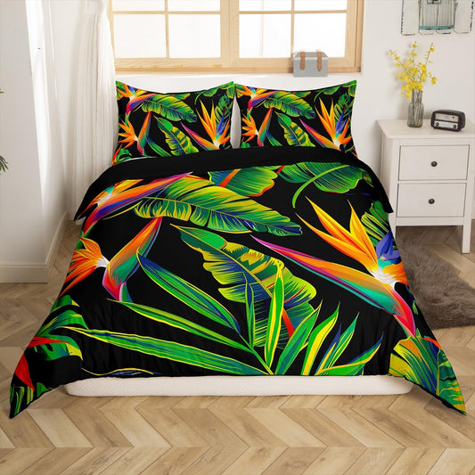 Tropical Duvet Cover Tree Bedding Set for Kids Boys Girls Green Plant Palm Leaves Comforter Cover Jungle Botanical Leaf Bedspreads with 2 Pillow Shams for Dorm Decor,King Size,Black