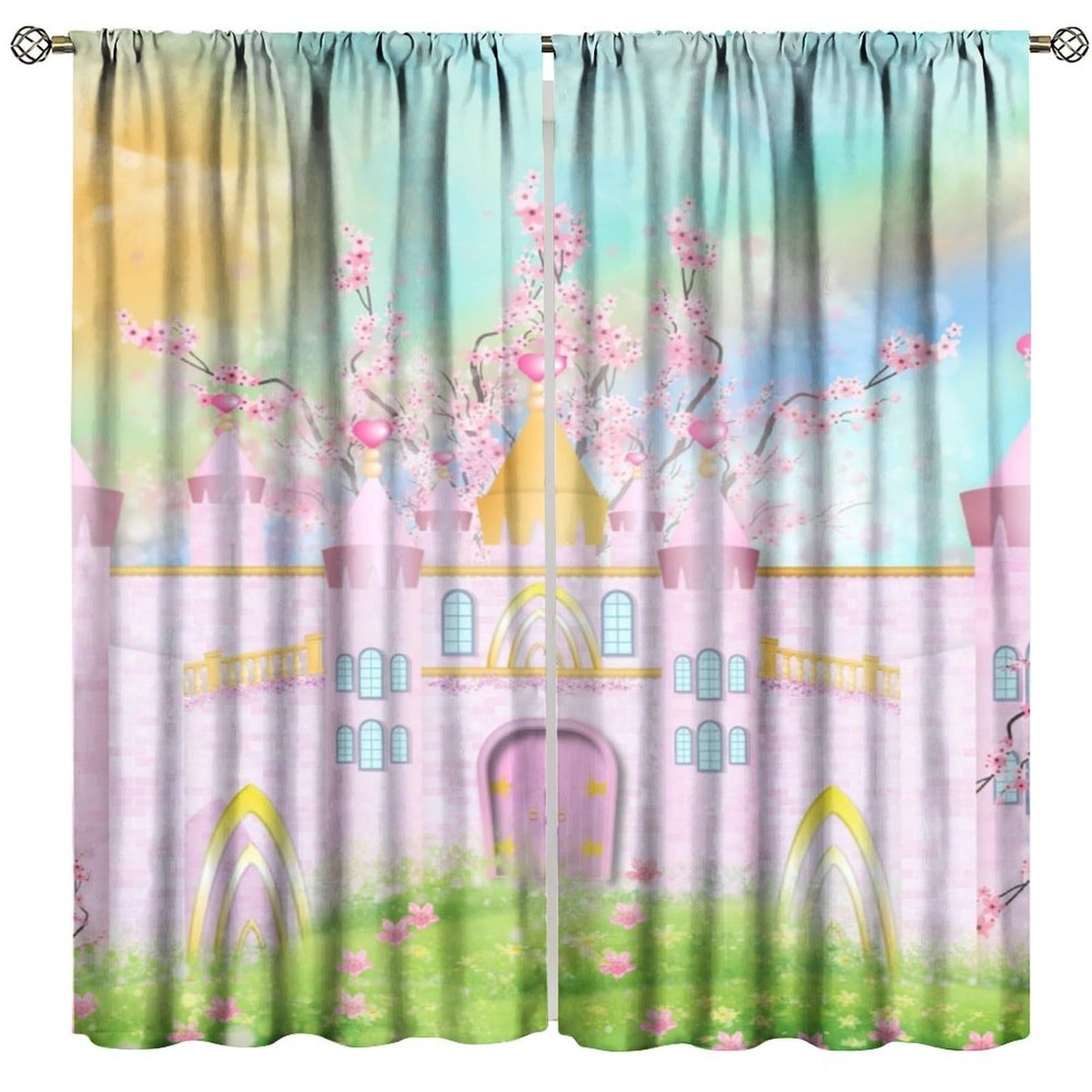 Pink Castle Curtains For Kids bedroom Cartoon Rainbow Pink Castle Pattern Rod Pocket Window Treatments For Girls Children Bedroom Nursery Living Room 2 Panels Set 41x 45 in （No Blackout）