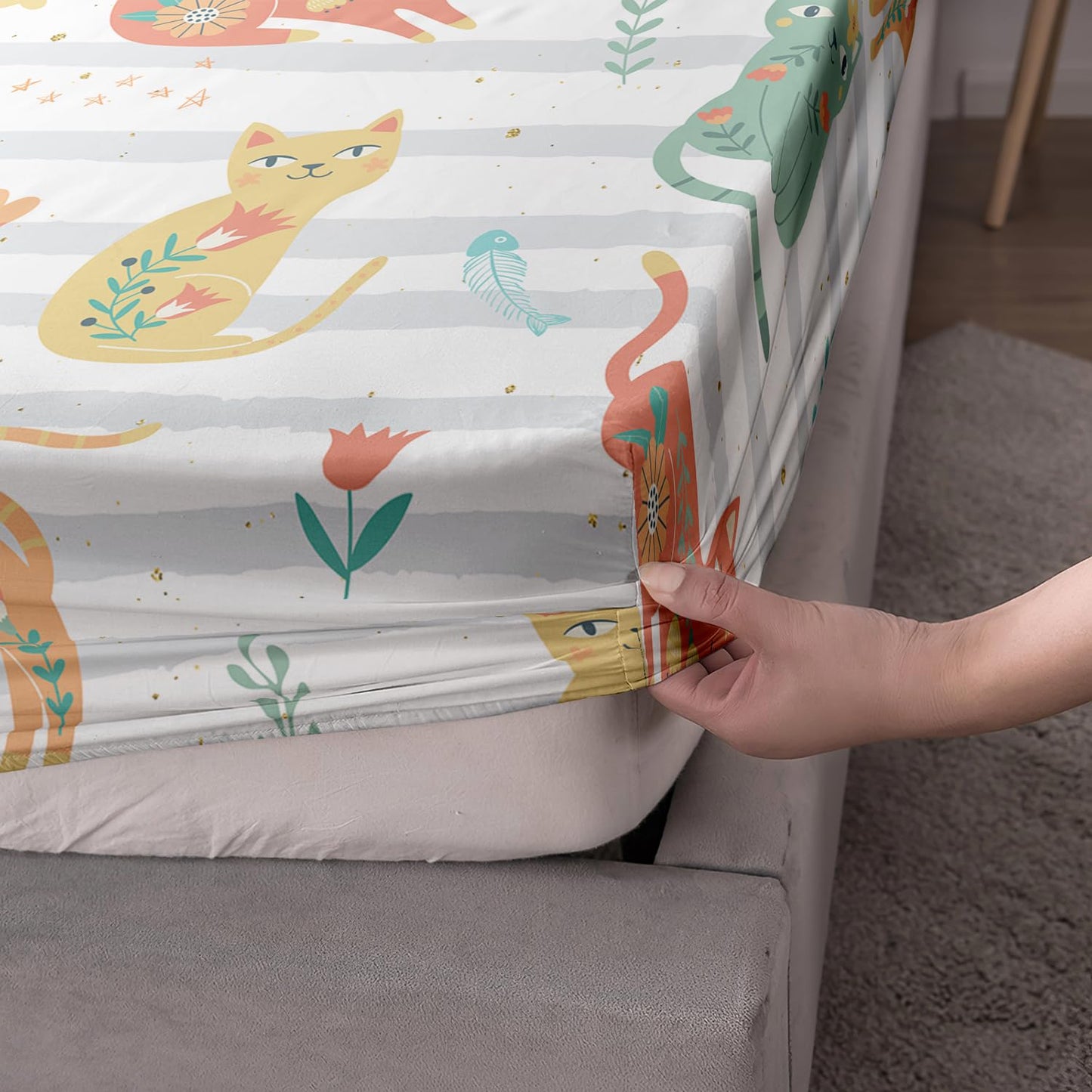 AILONEN Cat Bed Sheet Twin XL Size, Green Orange Flowers Cat Sheets 3 Pieces Set Grey White Printing Bedding Set for Kids Girls Bedroom Decor Breathable Fitted Sheet and 2 Pillowcases