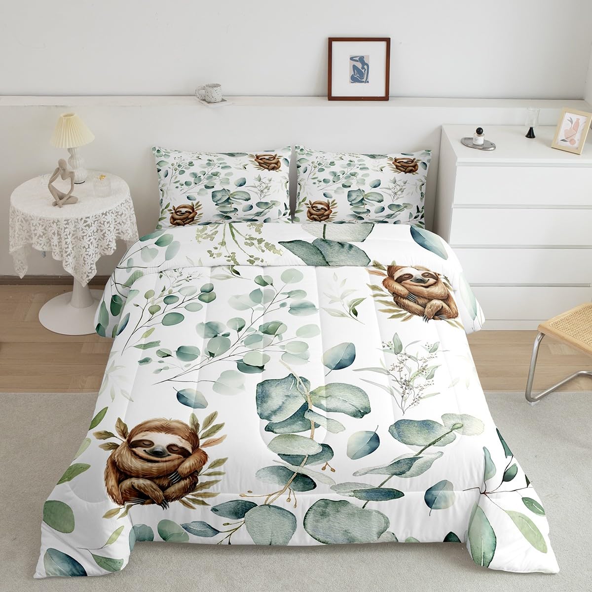 Erosebridal Girls Kawaii Animal Bedding Twin Size Cute Sloth Comforter Set Twin, Cartoon Wildlife Duvet Insert Green Leaf Quilt Comforter, Plant Bedding Comforters & Sets Child Kids Bedroom Decor