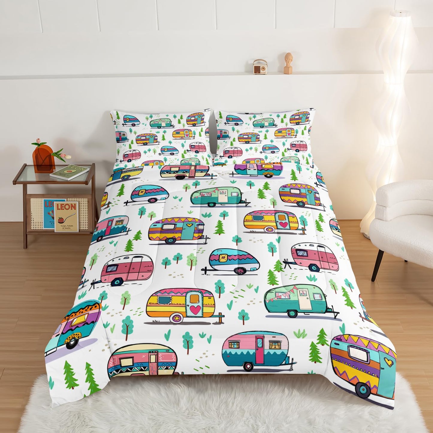 HOSIMA Happy Camping Bedding Queen Comforter Set for Girls Boys,Rustic Farmhouse Camping Trailer Bedding Set,Camping Trailer Forest Printed Comforter Kids Bedding Set with 2 Pillowcases.