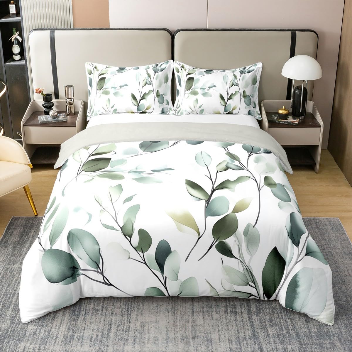 Erosebridal Sage Green Full 100% Cotton Duvet Cover, Spring Botanical Leaves Bedding Set for Kids Teens Adults Women Men, Watercolor Plants Comforter Cover, Mint Green Chic Artistic Bedclothes