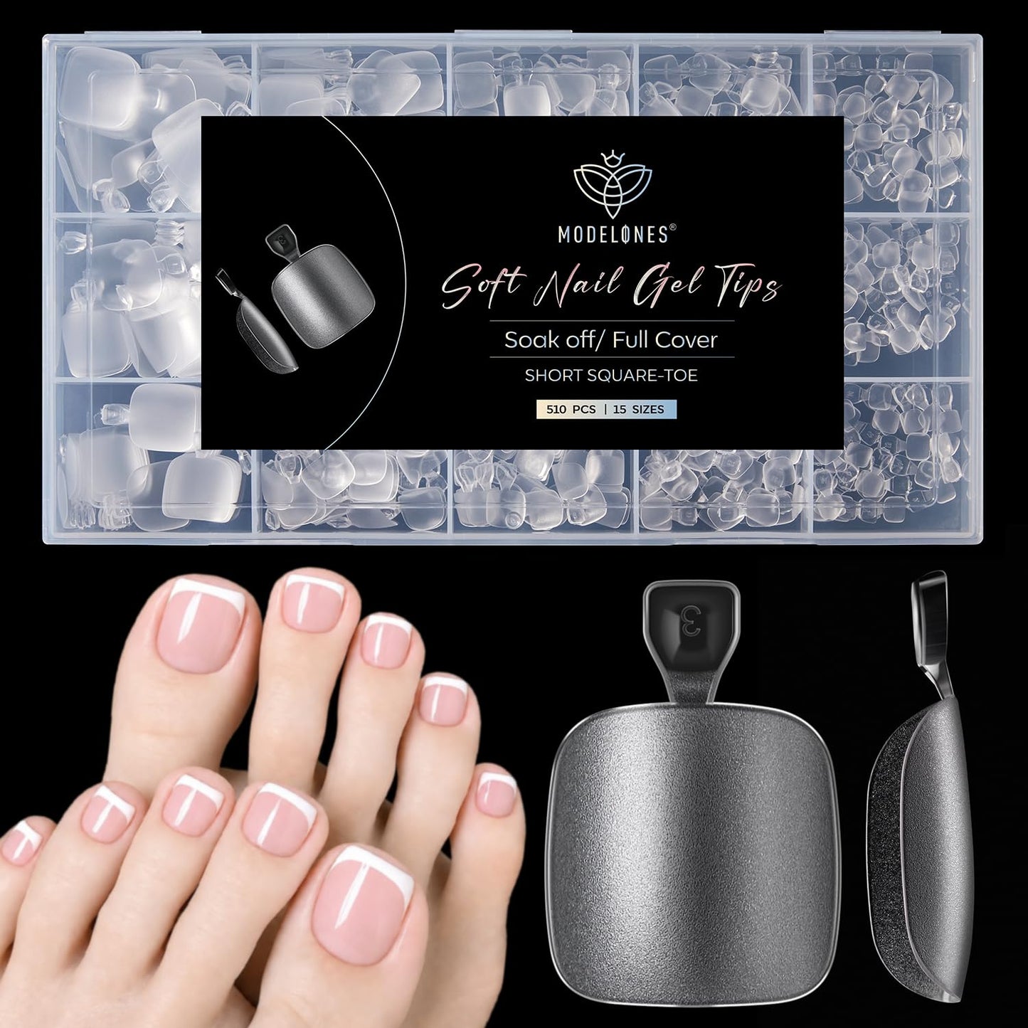 Modelones Short Square Toe Nail Tips 510Pcs 15 Sizes Press On Toenails Squoval Soft Gel Tips Full Cover Matte Fake Toe Nails Extensions Pre-Etched Toe Tips for DIY Salon Use