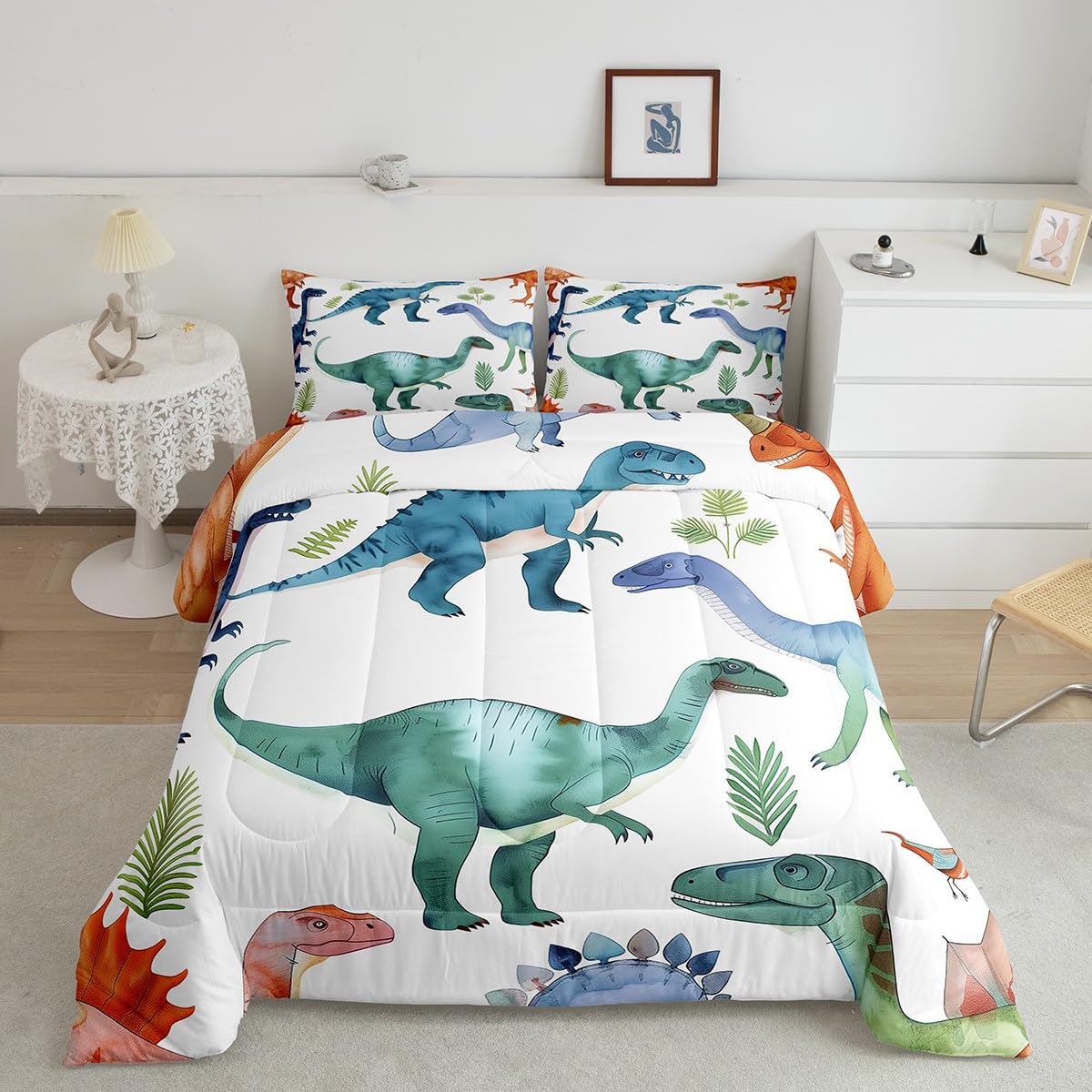 Erosebridal 7 Pcs Dinosaur Comforter Set Twin Colorful Dinosaur Quilt with Flat Fitted Sheet Wildlife Botanical Bedding Sets Jungle Ancient Animals Bed in A Bag
