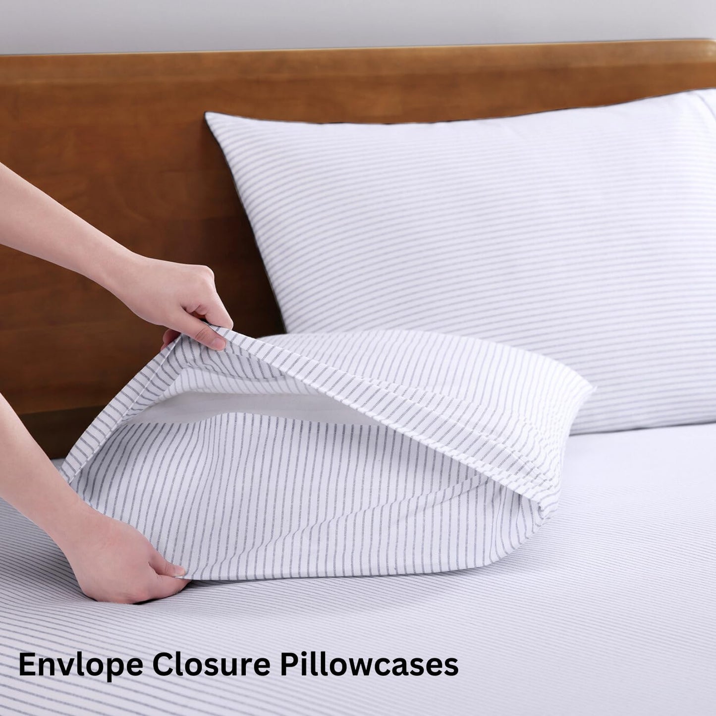 LANE LINEN 100% Organic Cotton Sheet Sets Queen Size, 4Pc Queen Size Cotton Sheets, Hotel Style Sheets, Bedding Sheets & Pillowcases, Queen Sheet Sets Deep Pockets Fits Upto 15" - Blue Ticking Stripe