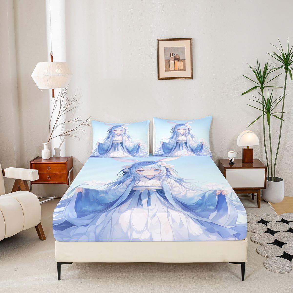Traditional Japanese Girl Sheet Set Kawaii Decor, 3D Anime Girl Bed Sheets Set Cartoon Japanese Girl Bedding Set, Blue Butterfly Decorations Sheets Twin, 1 Flat Sheet 1 Fitted Sheet 1 Pillow Case