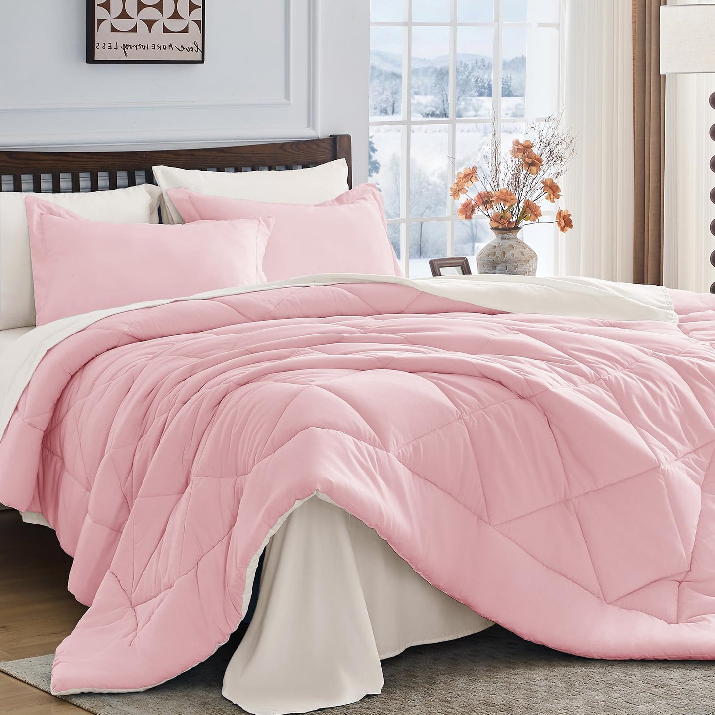 HEVUMYI Queen Comforter Set - 7-Piece All Season Bed in a Bag Queen, Ultra Soft Bedding Set with Comforter, Flat Sheet, Fitted Sheet, Pillowcases, Pillow Shams, Pink & Ivory