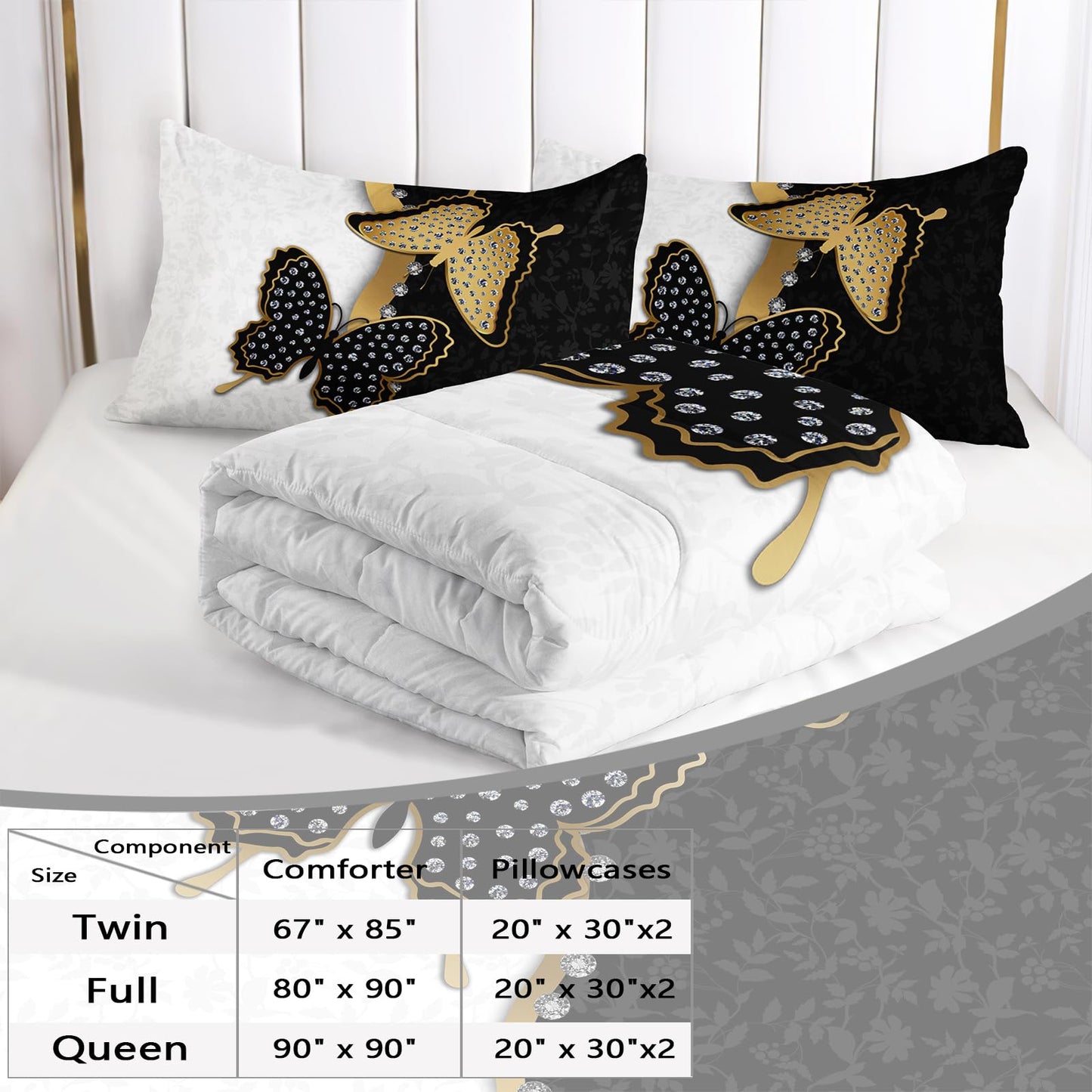 AILONEN Butterfly Comforter Set Full Size, Black Gold Butterfly Diamonds Pattern Bedding Set for Girls Adults,Luxury Black White Soft Lightweight Duvet Set 3 Pieces(1 Comforter + 2 Pillowcases)