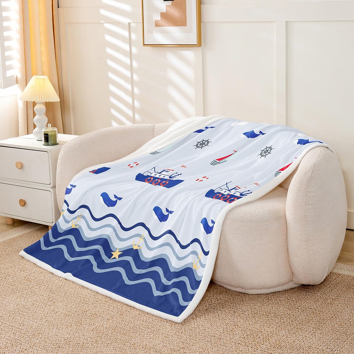 Nautical Sherpa Sailboat Printed Fleece Throw Blanket - Ocean Themed Plush Fuzzy Blanket for Bed, Sofa, Couch - Kids Sea Adventure - 40"x50"