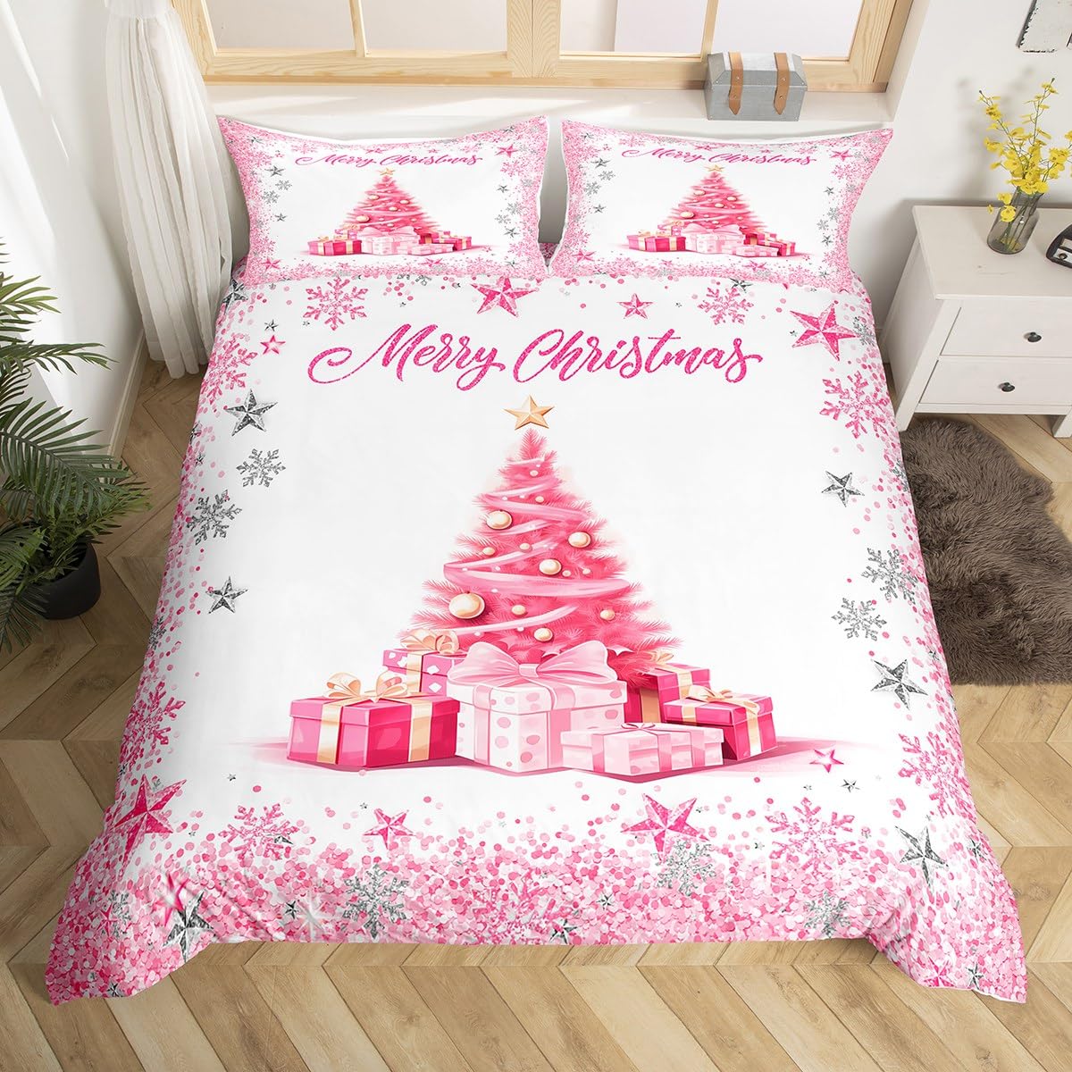 Pink Xmas Tree Duvet Cover Set Twin Size,Merry Christmas Bedding Set for Kids Girls Woman Teens Room Decor,Girly Sliver Glitter Snowflake Comforter Cover Sweet Winter Style Quilt Cover,1 Pillowcase