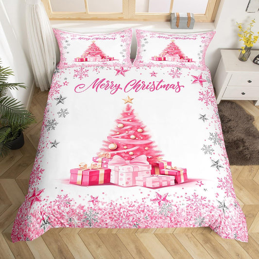 Pink Xmas Tree Duvet Cover Set Twin Size,Merry Christmas Bedding Set for Kids Girls Woman Teens Room Decor,Girly Sliver Glitter Snowflake Comforter Cover Sweet Winter Style Quilt Cover,1 Pillowcase