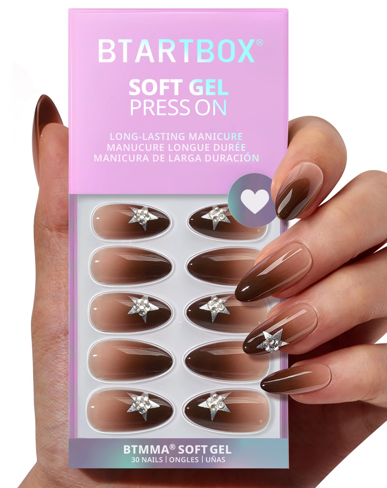 BTArtbox Press On Nails Medium - Starry Spice, Brown Almond Press On Nails with Glue and Adhesive Tabs for Women, Rhinestone Star Soft Gel Glue On Nails in 15 Sizes - 30 Stick On Nails Kit