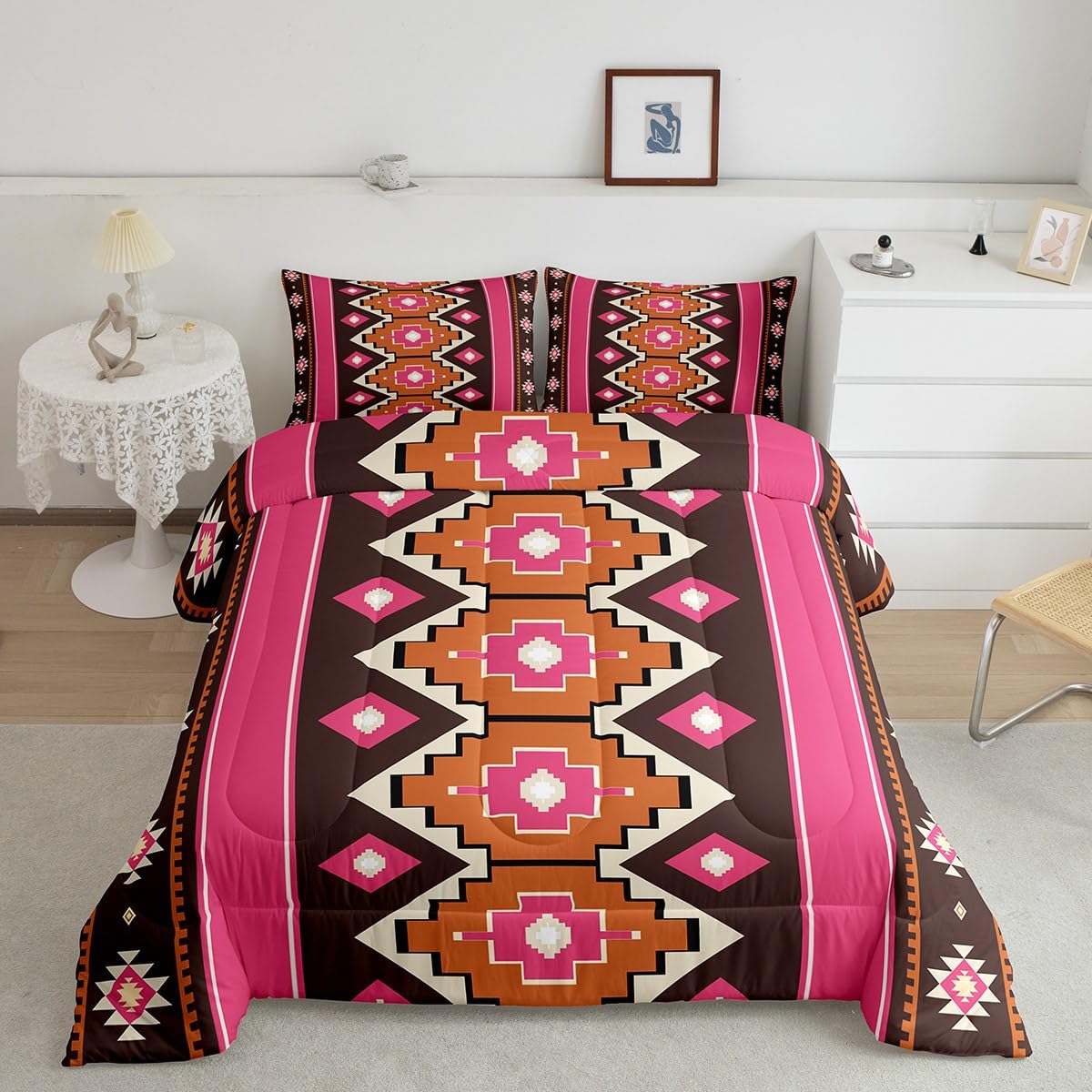 Feelyou Boho Aztec Comforter Set Twin Size West Bedding Set for Kids Boys Girls Pink Brown Duvet Quilt Western Bedroom Decor Microfiber 2 Pcs with 1 Pillow Cases