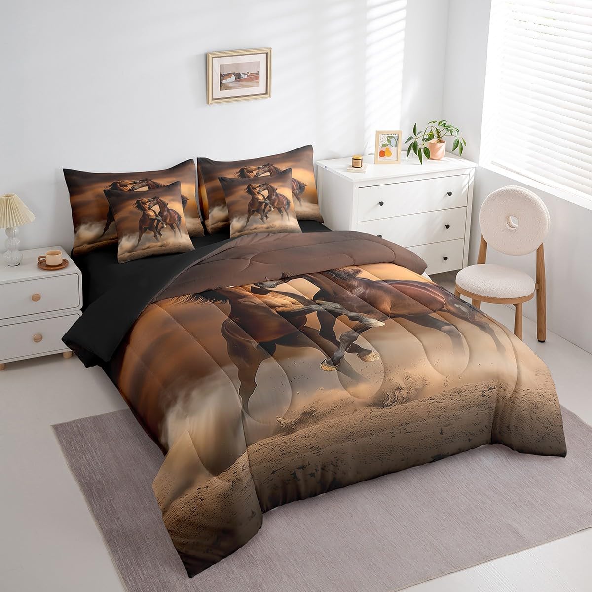 Erosebridal Horse Quilt with Flat Fitted Sheet 7 Piece Twin 3D Horse Printed Bedding Sets Farmhouse Wild Animal Pattern Comforter Set Funny Horse Battle Theme Bed in A Bag for Kids Boys Teens,Brown