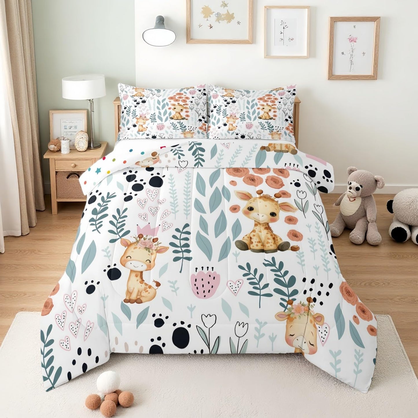 Erosebridal Kawaii Giraffe Bedding Set,Cartoon Giraffe Comforter Set Twin,Cute Love Heart Leaf Flower Comforter Set for Kids Girls Boys,Paw Print Animals Quilt Duvet Insert with 1 Pillow Case