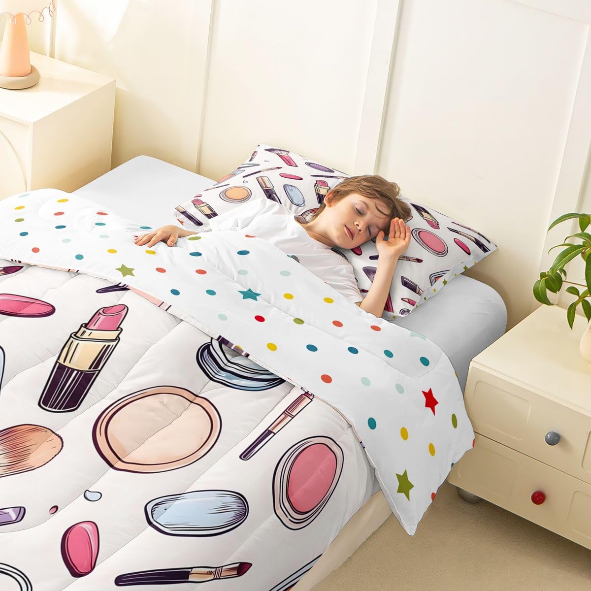 Erosebridal Cosmetics Perfumes Comforter Set Fashion Girl Twin Bedding Sets for Girls Kids Teens Child Makeup Pattern Comforter Nail Polish Decorative Quilt