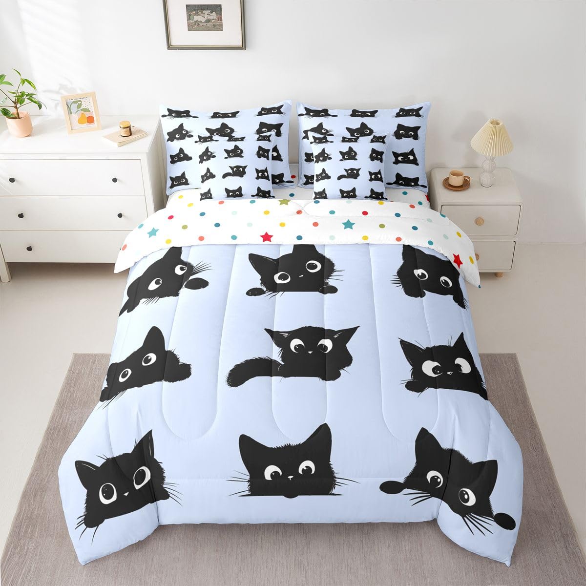 Erosebridal Cute Cat 7-Piece Bedding Set Full Size for Kids Boys Girls (Black and Blue) - Funny Black Cats Bed in a Bag Cartoon Kitten Animal Comforter Set with Sheets Cute Cat Duvet Insert