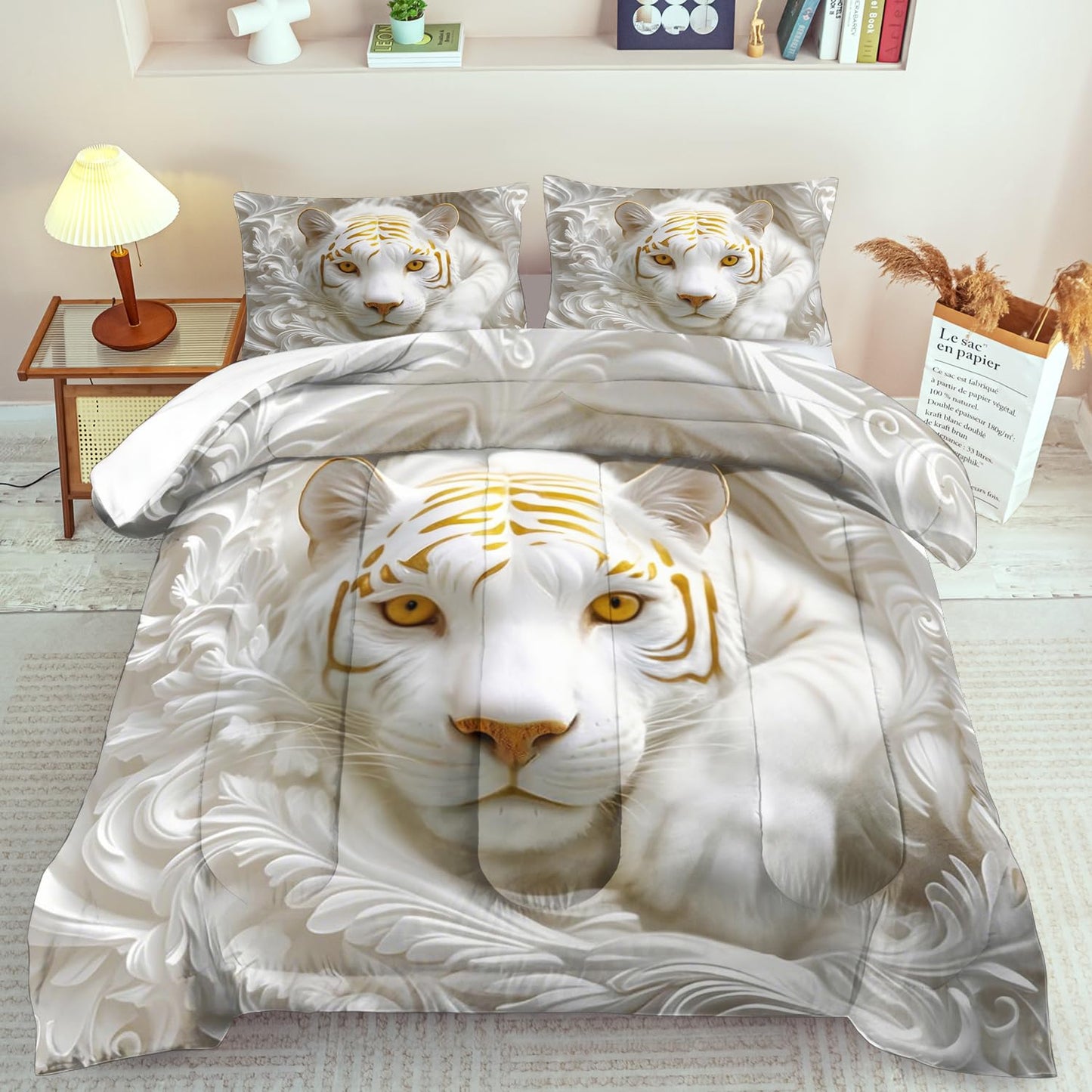 llyxsesty White Tiger Comforter Set Queen for Boys Relief Sculpture Bedding Set Teen Boys Animal Comforter Queen Quilt Girls Tiger Bedroom Decor African Animal Bedding White Lion Home Decor