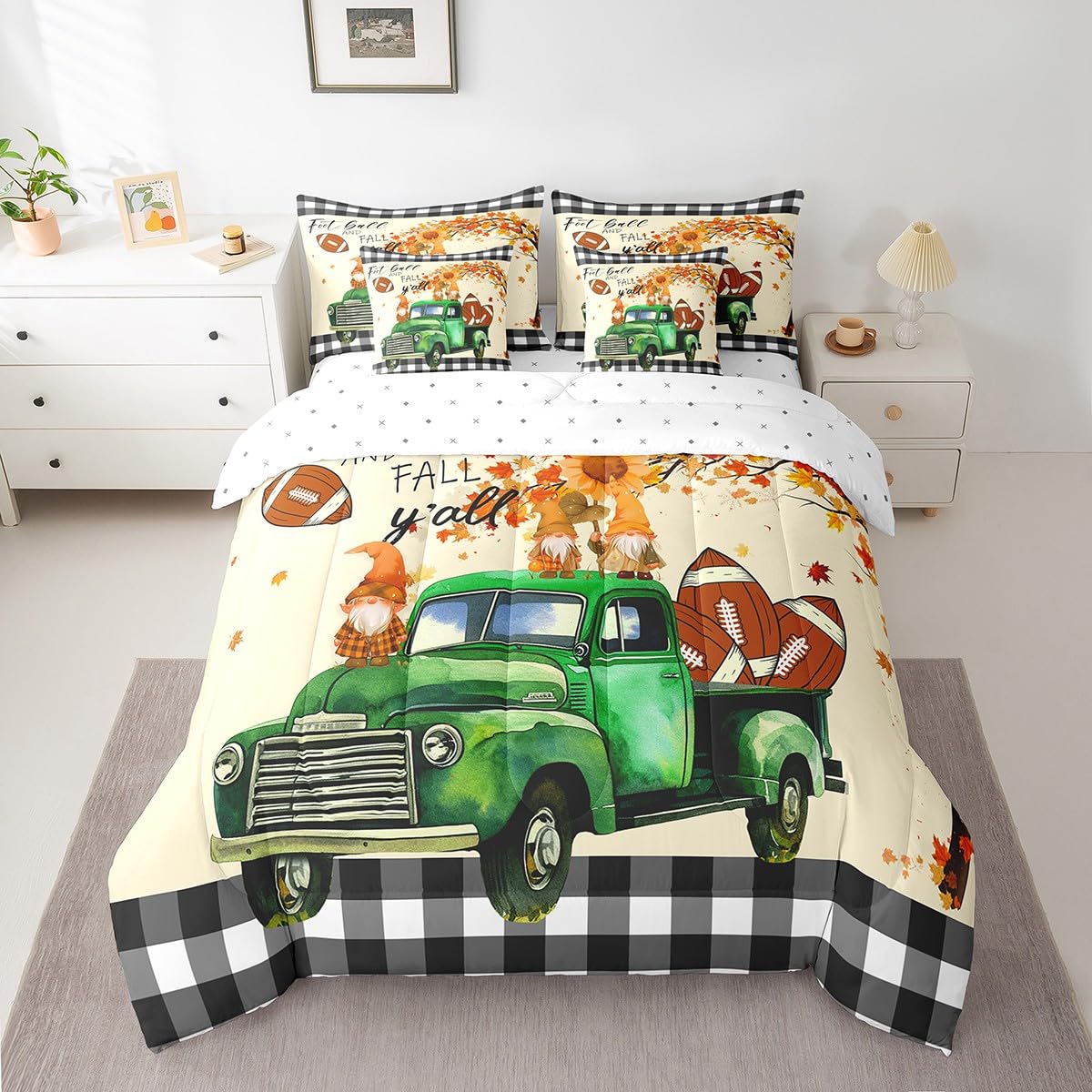 Erosebridal Green Truck 7 Piece Comforter Set Full Bed in a Bag,Cartoon Fall Gnome Kawaii Bedding Sets Rugby Football Sheet Set with Comforter