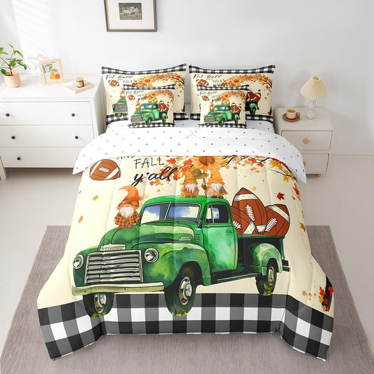 Erosebridal Green Truck 7 Piece Comforter Set Full Bed in a Bag,Cartoon Fall Gnome Kawaii Bedding Sets Rugby Football Sheet Set with Comforter