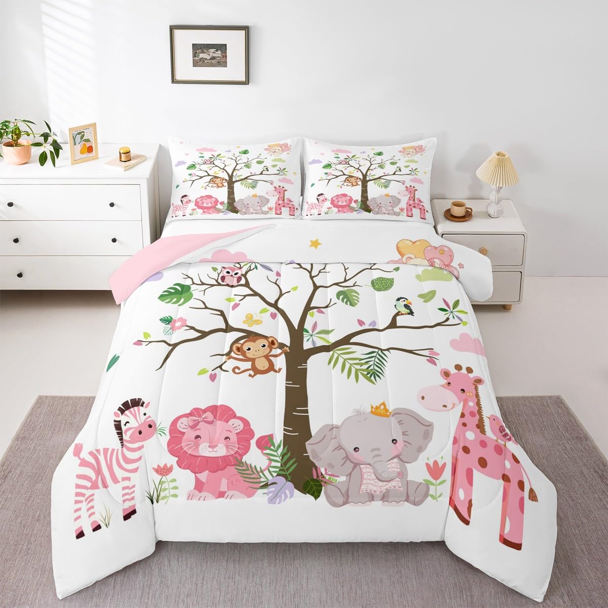 Erosebridal Pink Wildlife Comforter Set Twin Size Woodland Animals Bedding Set for Kids Girls BoysLion Giraffe Elephant Zebra Comforter Nature Safari Quilt Bedroom Decor
