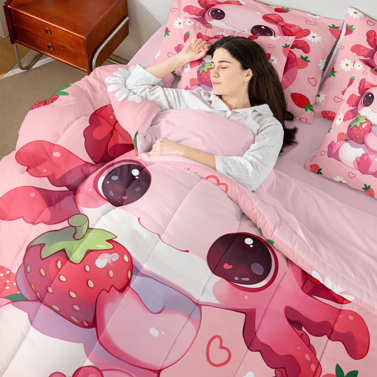 Erosebridal Cute Axolotl 7 Pieces Bedding Set Queen Size for Teen Girl | Pink Strawberry Bed in A Bag Kids Cartoon Daisy Floral Flower Comforter Set with Sheets Kawaii Animal Axolotl Quilt Set
