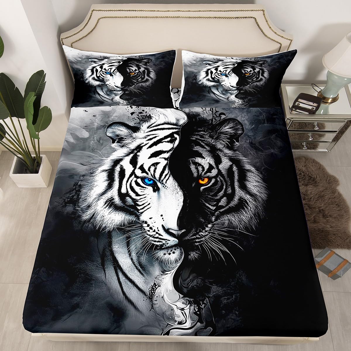 Erosebridal Tiger Bed Sheets Set Full African Safari Animal Flat Fitted Sheet Black and White Stripes Bed Set 3D Wildlife Bedding Set for Boys Adult Men Women Bedroom Decor with 2 Pillow Cases
