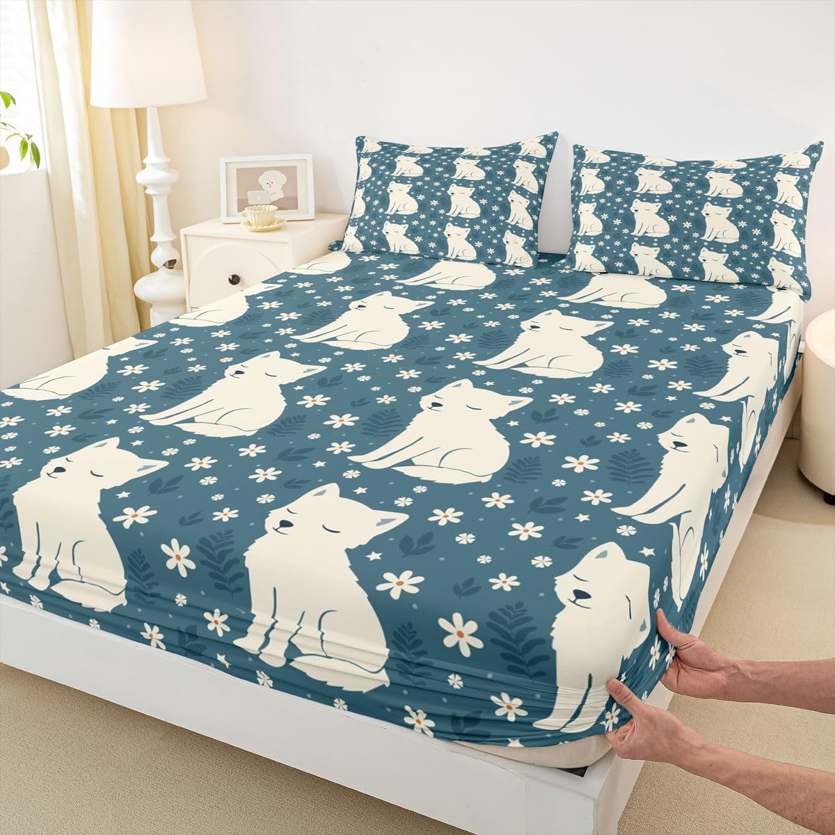 Castle Fairy White Fox Fitted Sheet Queen Size (No Flat),Beauty Floral Bedding Sets 3Pcs,Girls Boys Adult Room Decor,Wildlife Bed Cover Casual Rustic Deep Pocket Sheet,2 Pillowcases