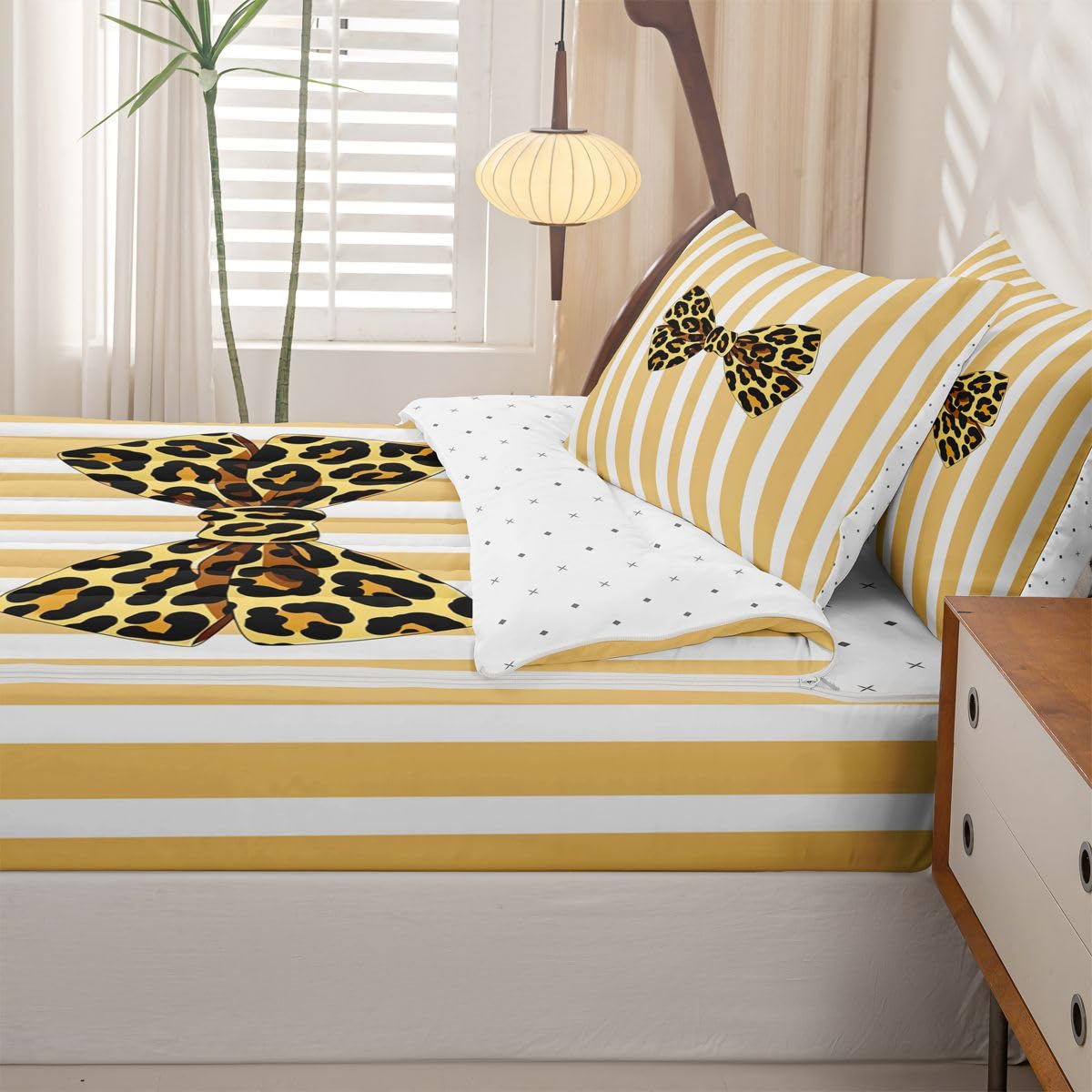jejeloiu Girls Bow Comforter Set Twin Size Zipper Bedding Set for Girls Boys Brown Leopard Bowknot Comforter with Fitted Sheet, Pillowcases Yellow White Stripes Zipper Bedding Soft Bed in a Bag